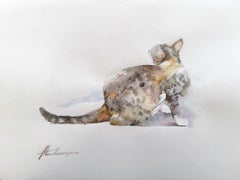Cat Animal Watercolor on Paper Handmade Painting, One of a Kind