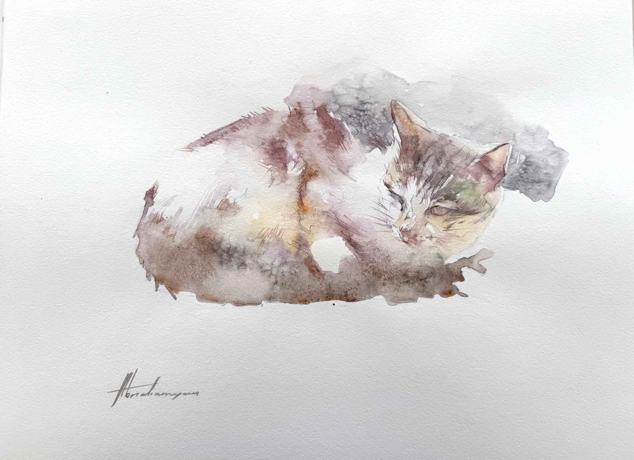 Cat Animal Watercolor on Paper Handmade Painting, One of a Kind