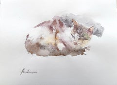 Cat Animal Watercolor on Paper Handmade Painting, One of a Kind