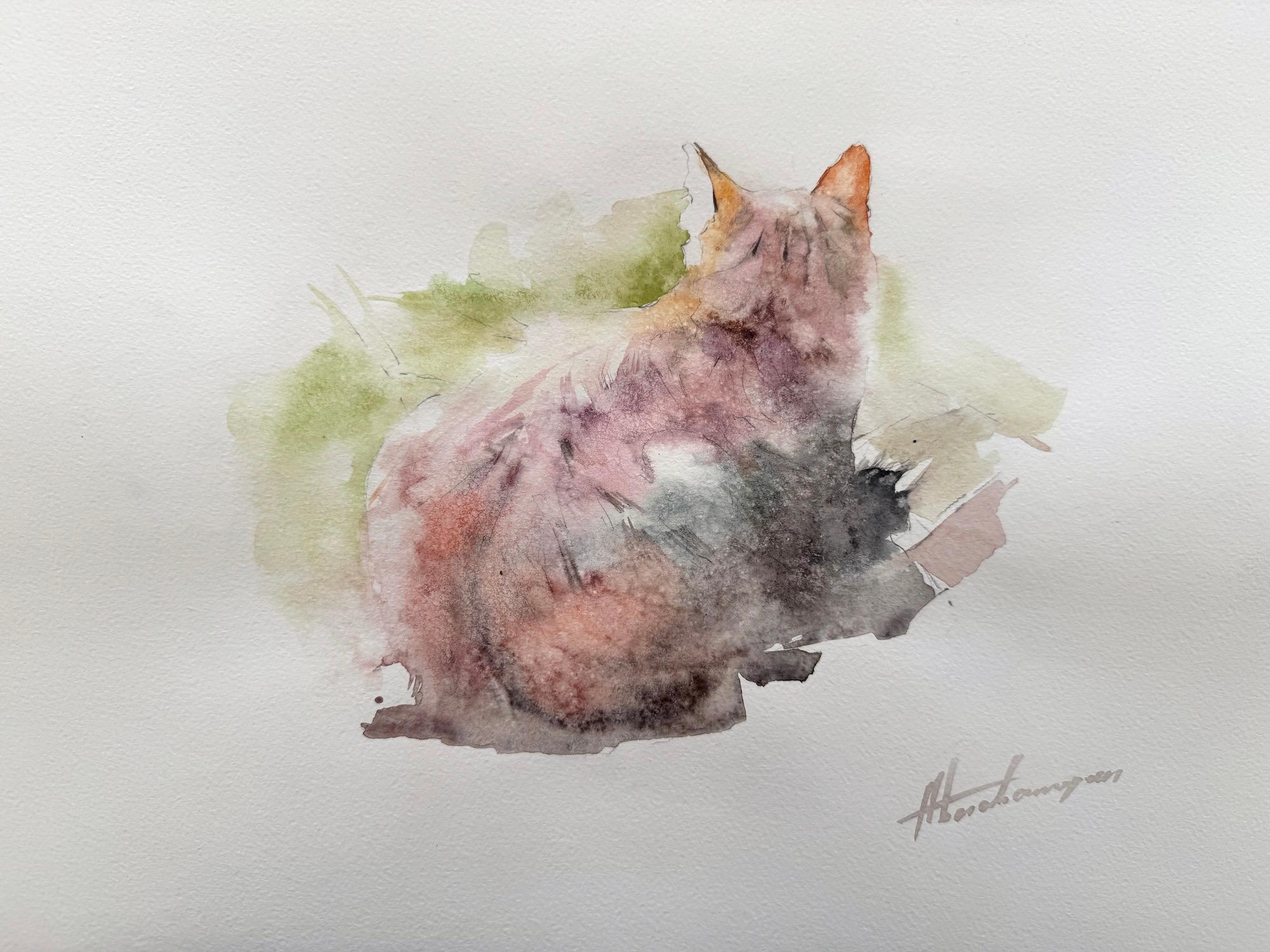 Cat Animal Watercolor on Paper Handmade Painting, One of a Kind