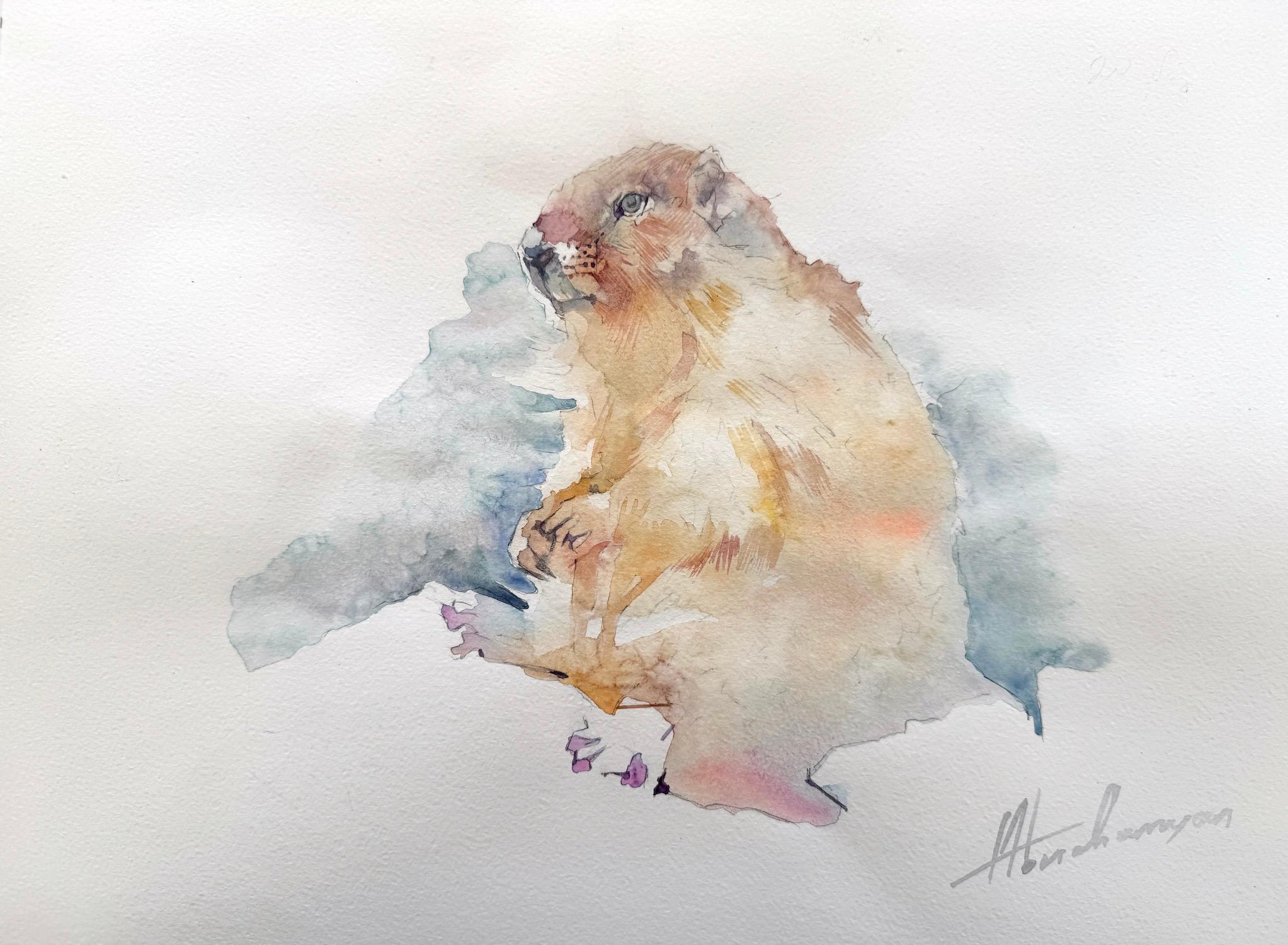 Artyom Abrahamyan Animal Art - Beaver Animal Watercolor on Paper Handmade Painting, One of a Kind