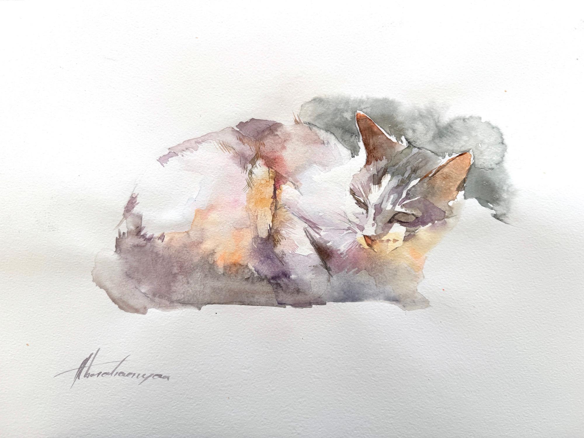 Cat Animal Watercolor on Paper Handmade Painting, One of a Kind