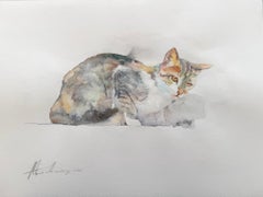 Cat Animal Watercolor on Paper Handmade Painting, One of a Kind