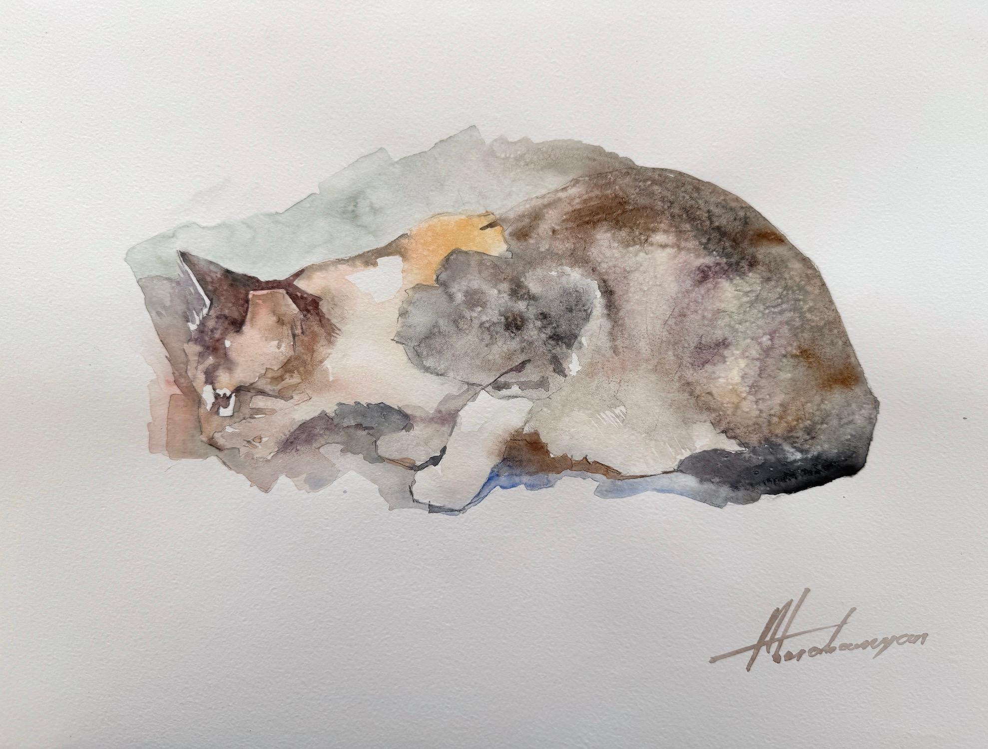 Cat Animal Watercolor on Paper Handmade Painting, One of a Kind