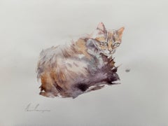 Cat Animal Watercolor on Paper Handmade Painting, One of a Kind