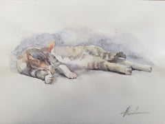 Sleeping Cat Animal Watercolor on Paper Handmade Painting, One of a Kind