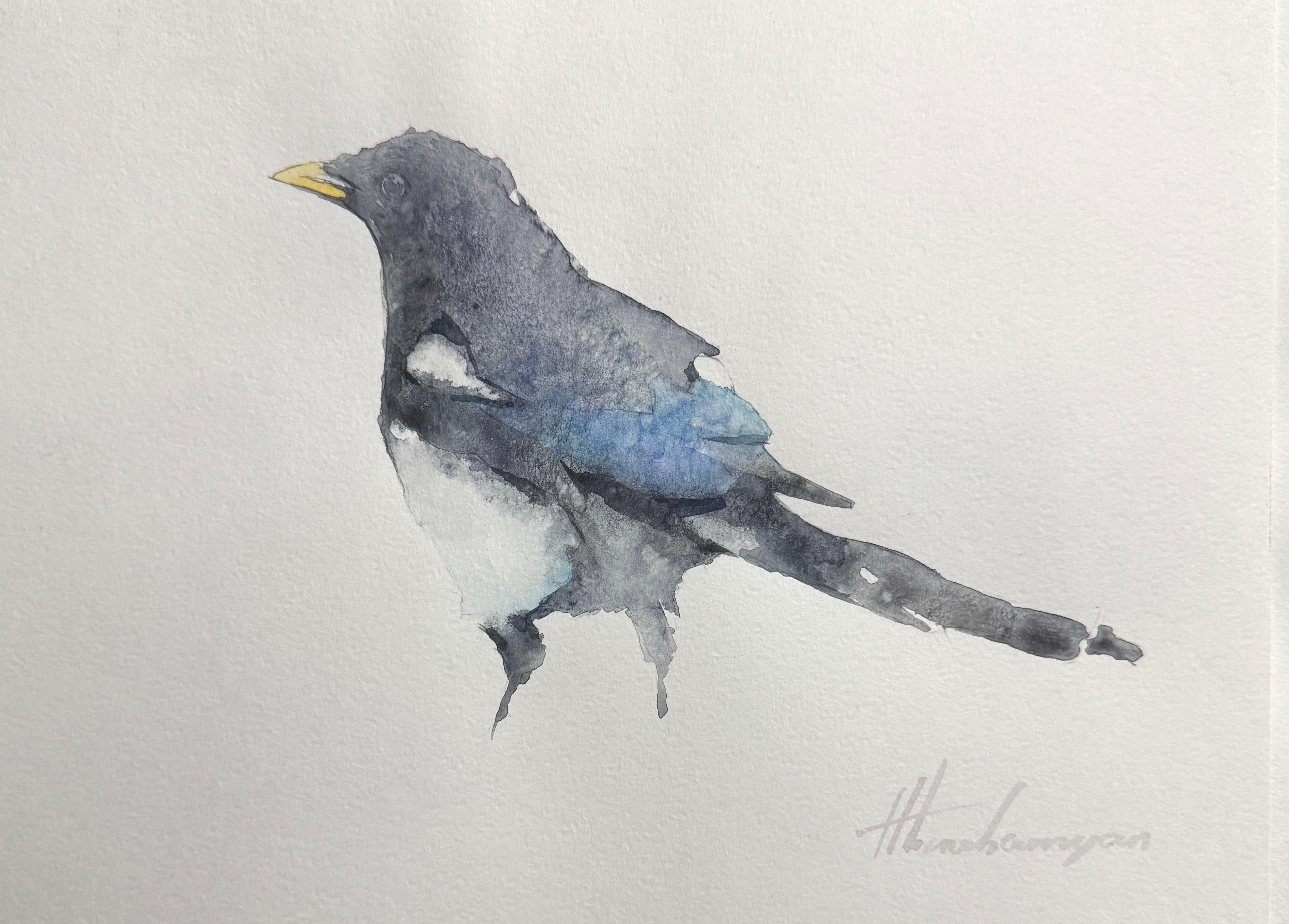 Artyom Abrahamyan Animal Art - Magpie Watercolor on Paper Handmade Painting, One of a Kind