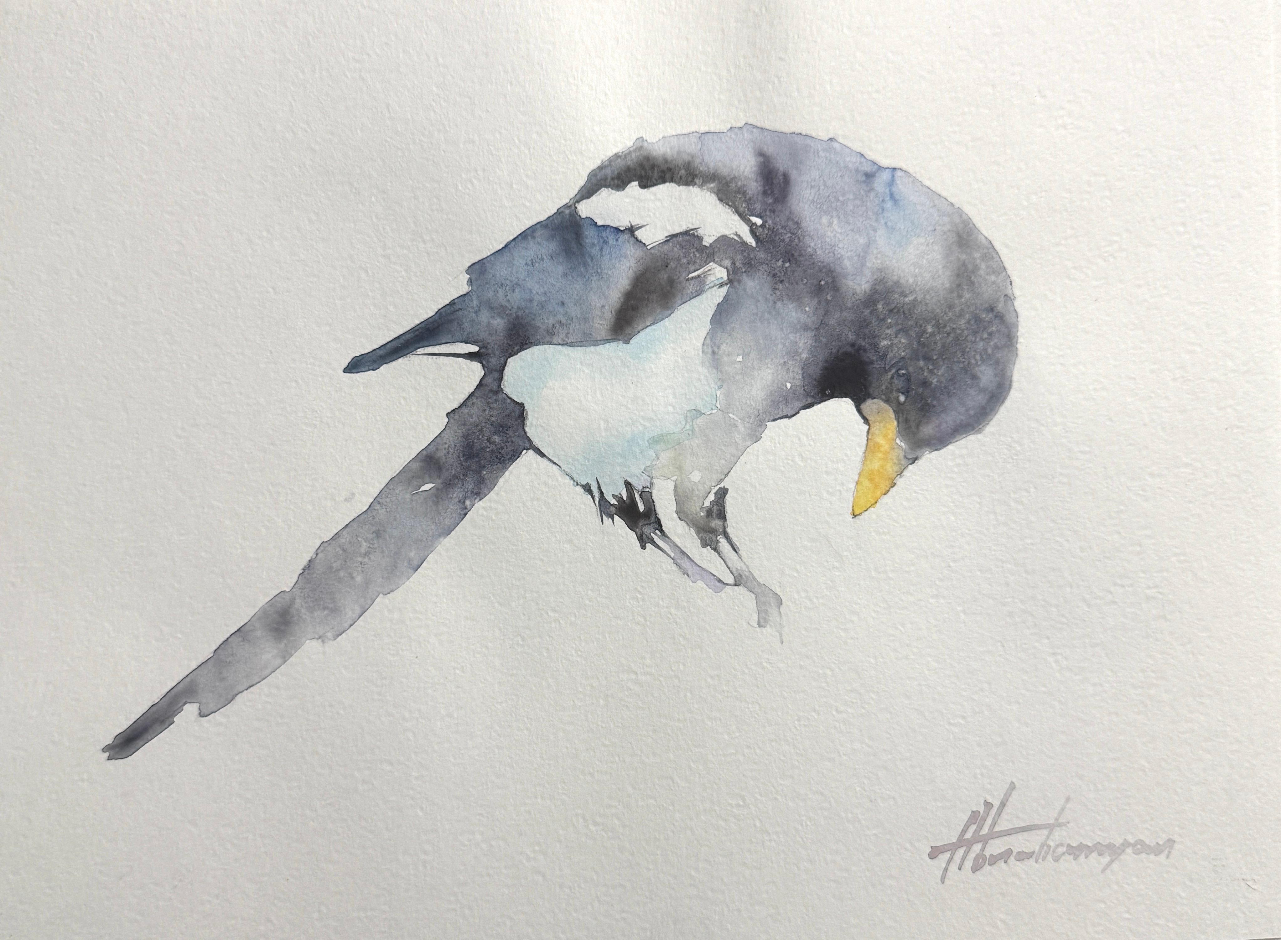 Artyom Abrahamyan Animal Art - Magpie Watercolor on Paper Handmade Painting, One of a Kind