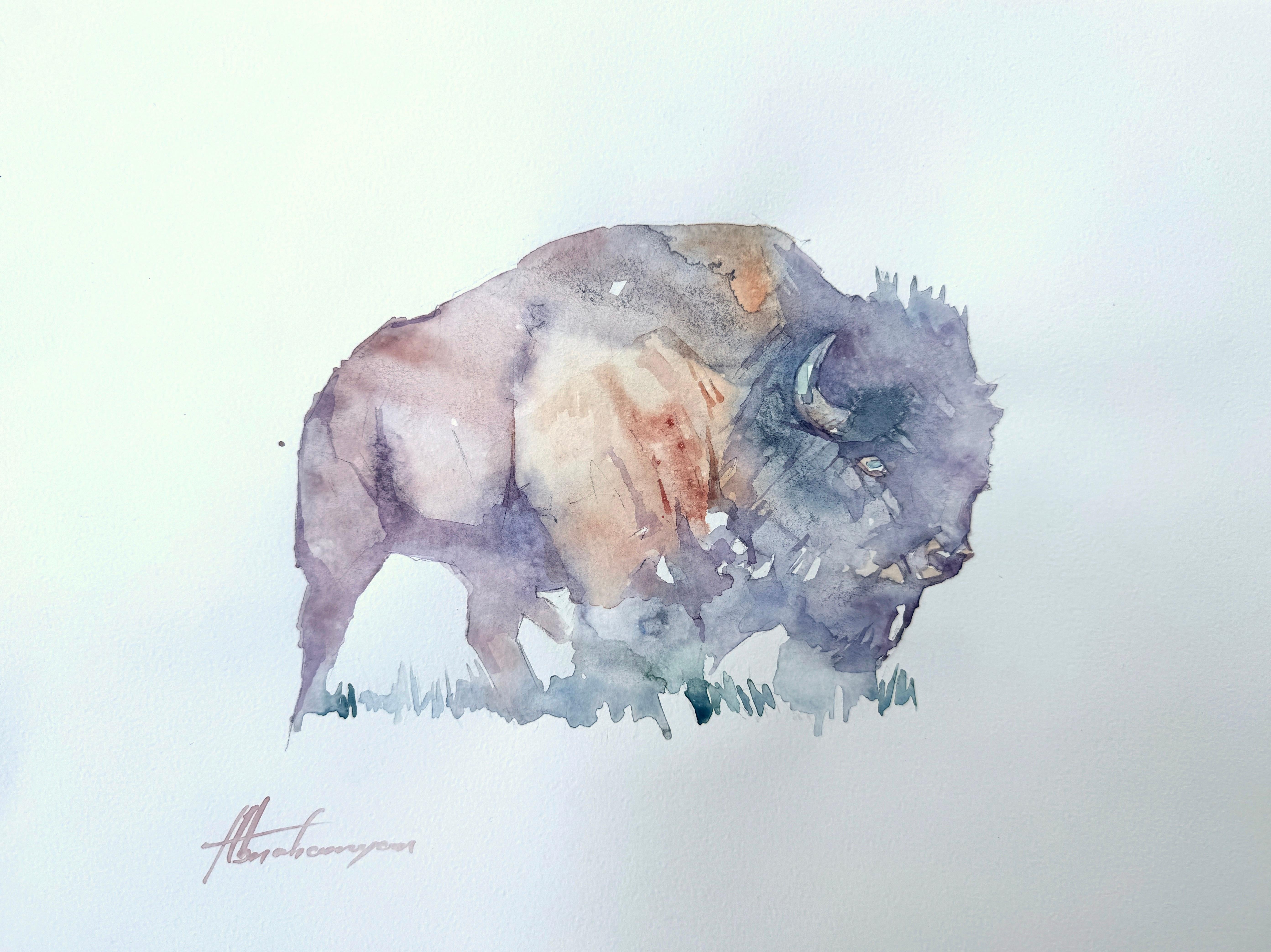 Aquarelle sur papier d
un animal bison faite à la main, unique en son genre