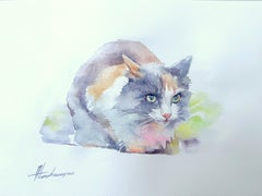 Calico cat Animal Watercolor on Paper Handmade Painting, One of a Kind