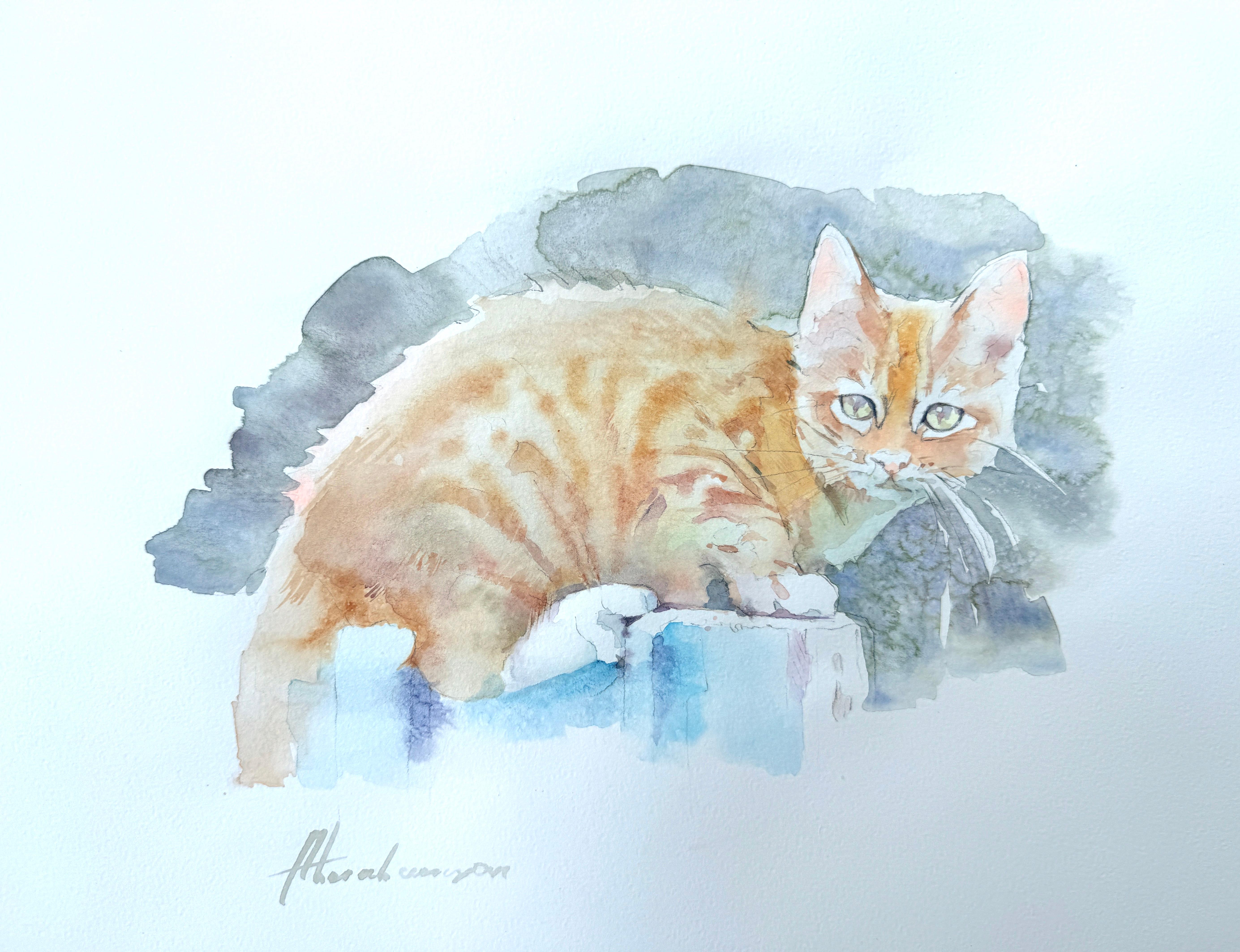 Artyom Abrahamyan Animal Art - Reddish cat Animal Watercolor on Paper Handmade Painting, One of a Kind