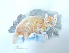 Reddish cat Animal Watercolor on Paper Handmade Painting, One of a Kind