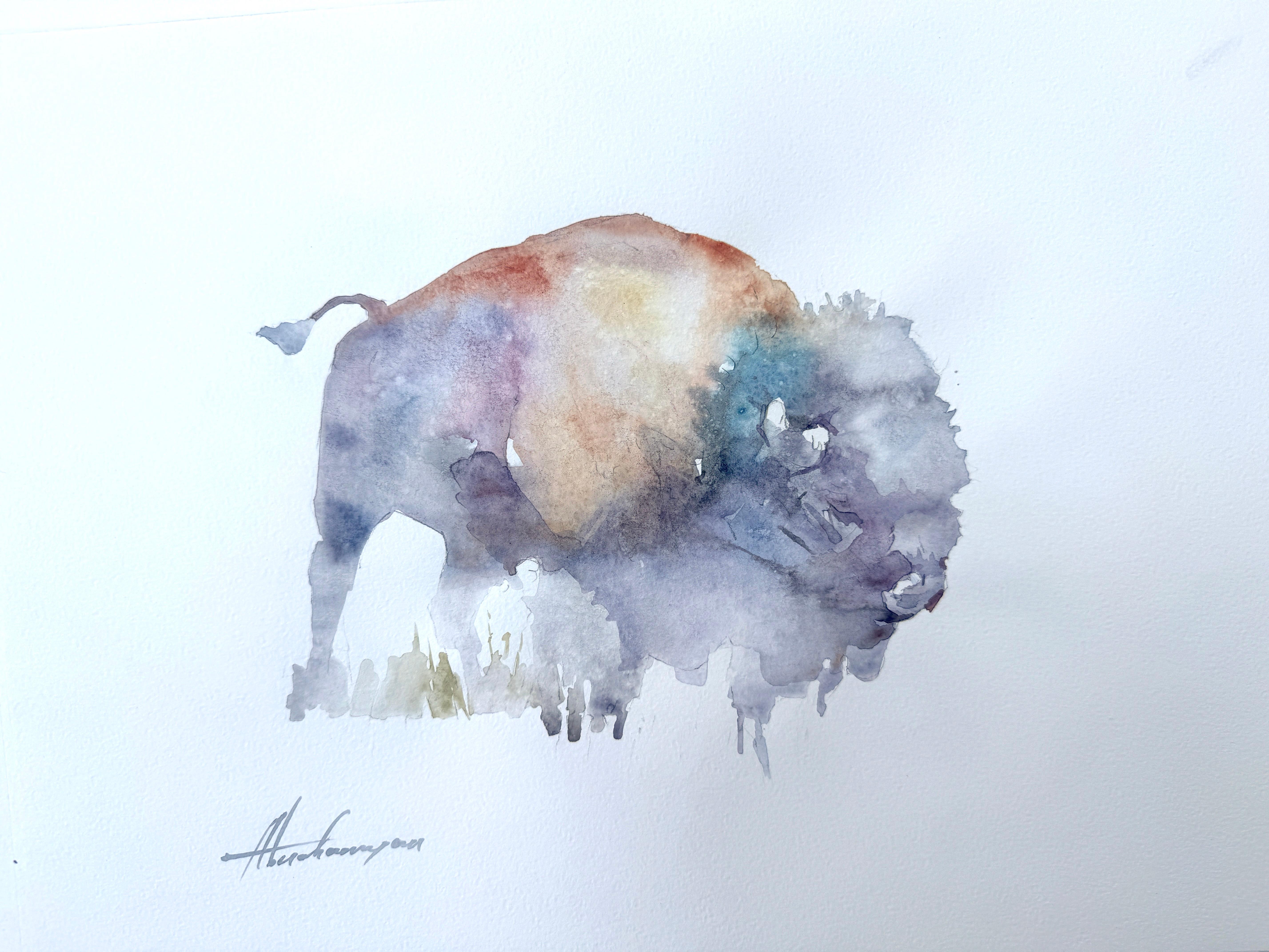 Bison Animal Watercolor on Paper Handmade Painting, One of a Kind