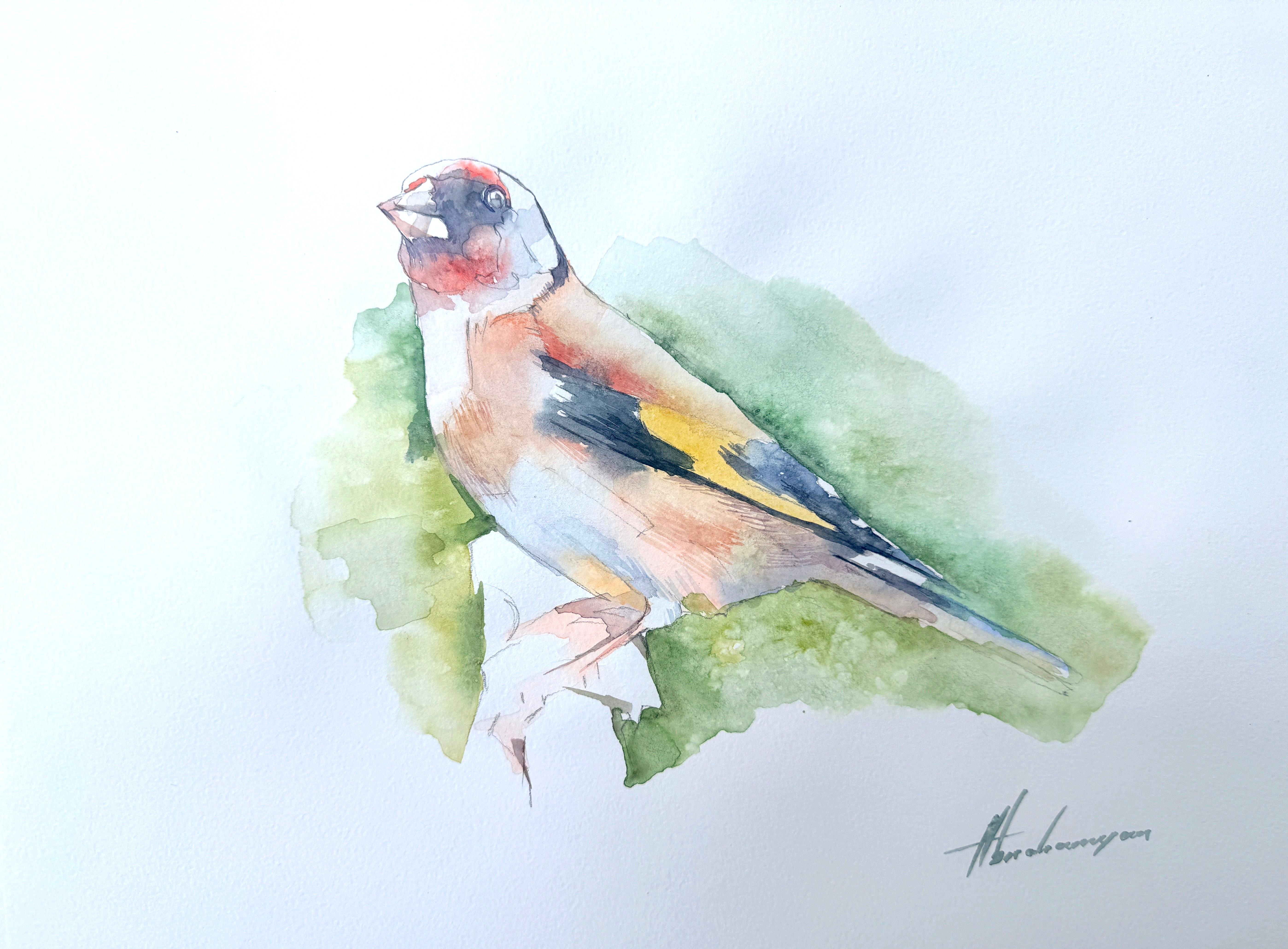Artyom Abrahamyan Animal Art - Goldfinch Bird Watercolor on Paper Handmade Painting, One of a Kind