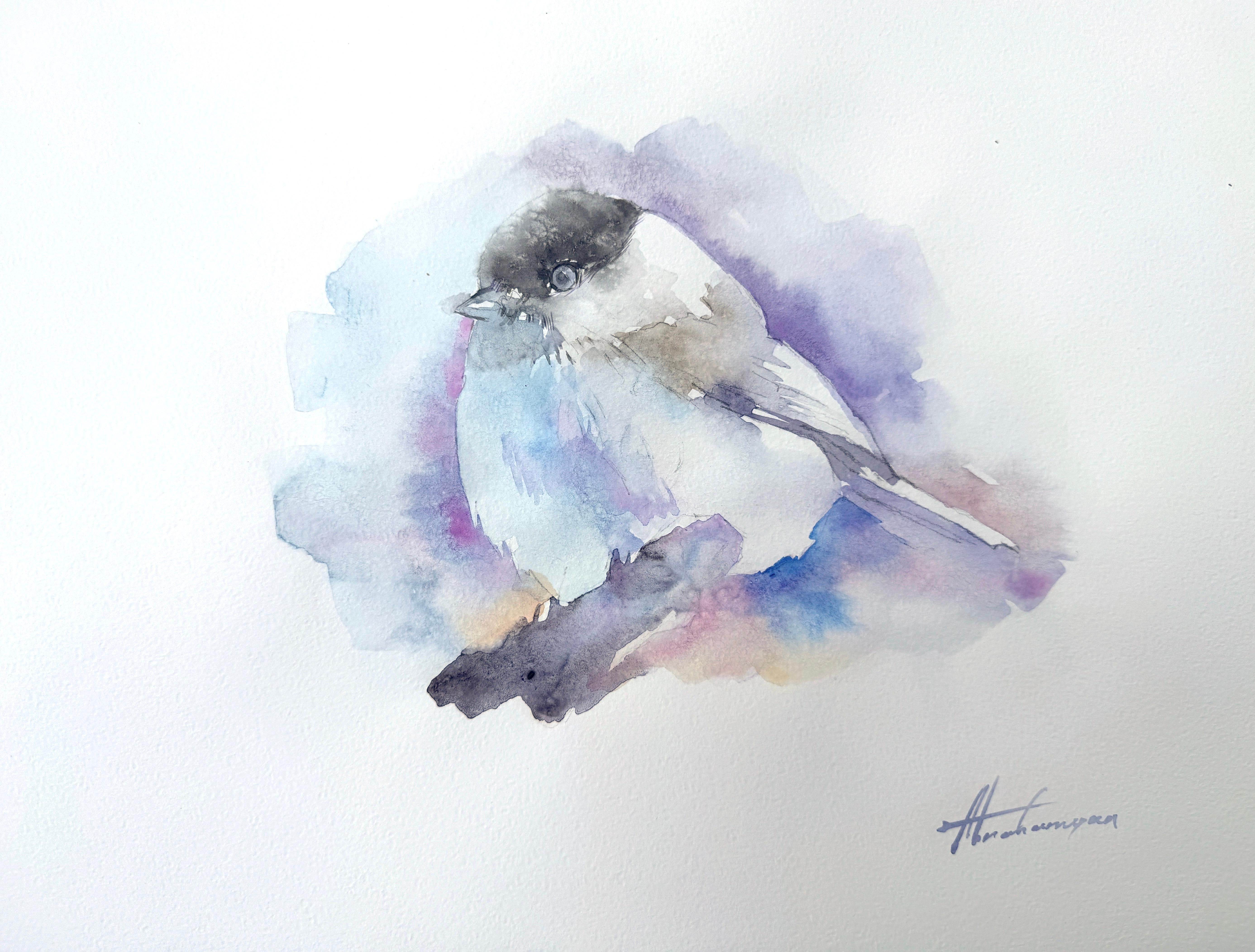 Chickadee Bird Watercolor on Paper Handmade Painting, One of a Kind