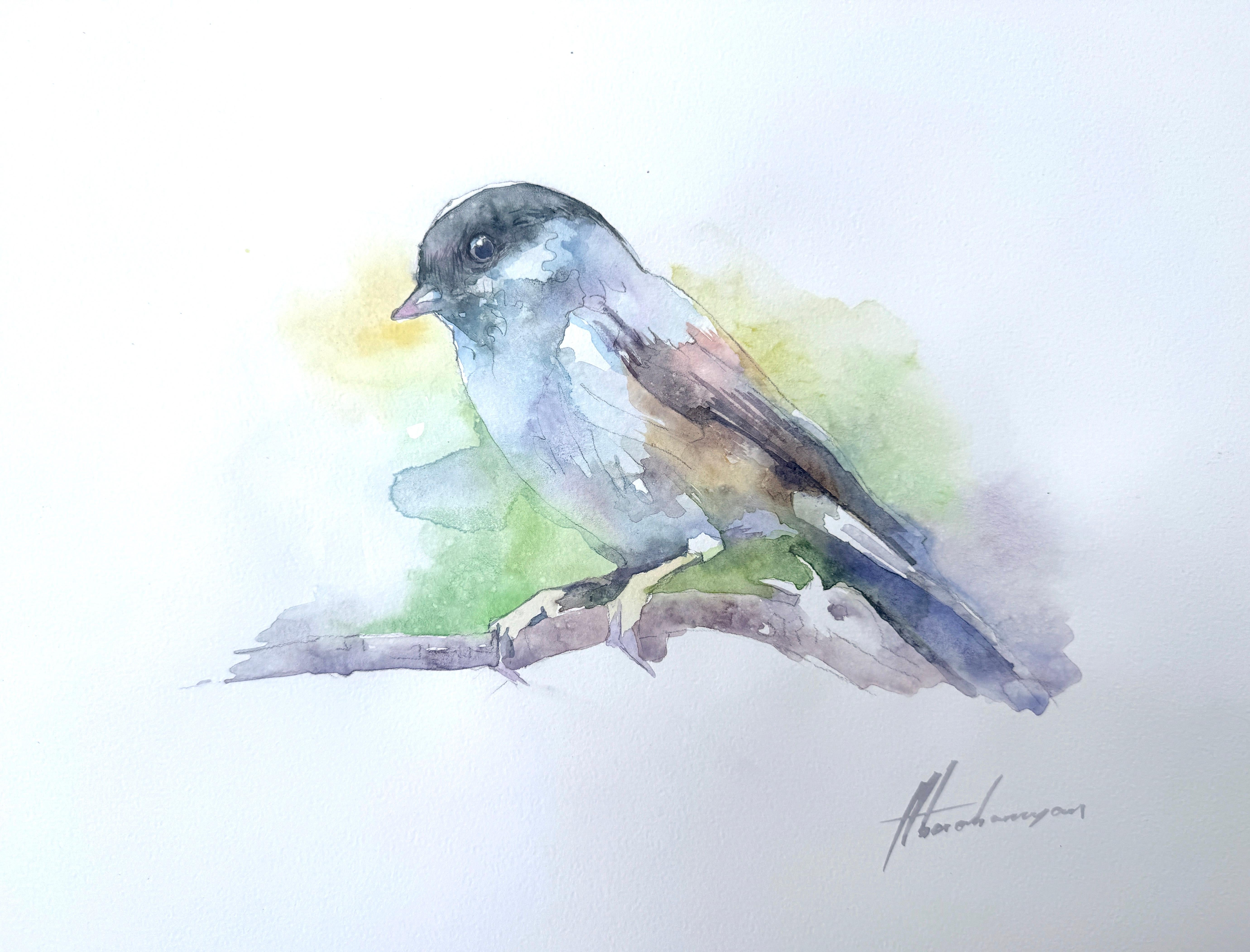 Artyom Abrahamyan Animal Art - Chickadee Bird Watercolor on Paper Handmade Painting, One of a Kind