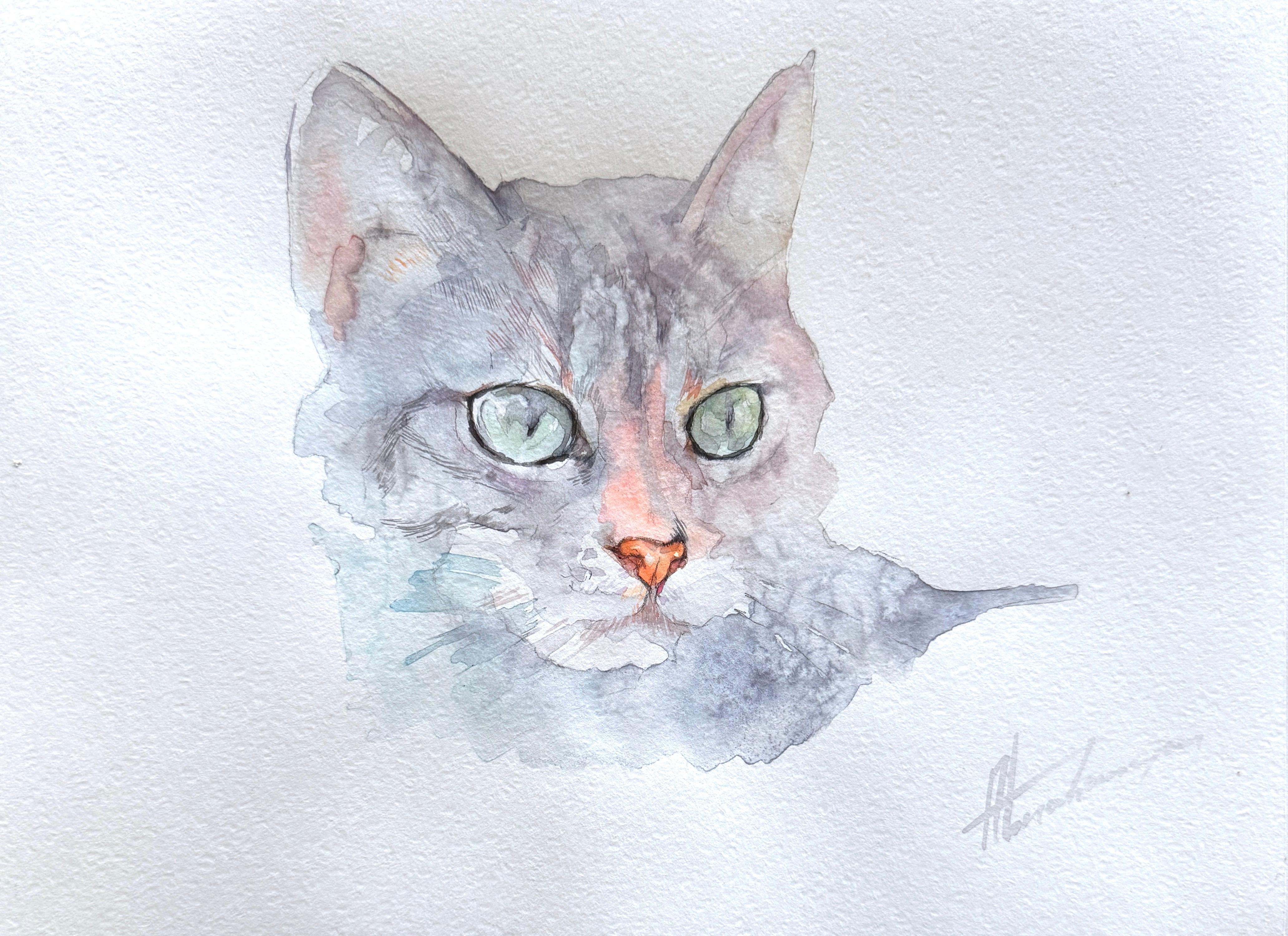 Artyom Abrahamyan Animal Art - Gray Cat Animal Watercolor on Paper Handmade Painting, One of a Kind