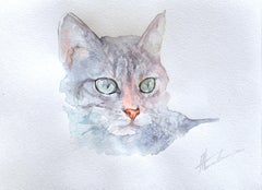 Gray Cat Animal Watercolor on Paper Handmade Painting, One of a Kind