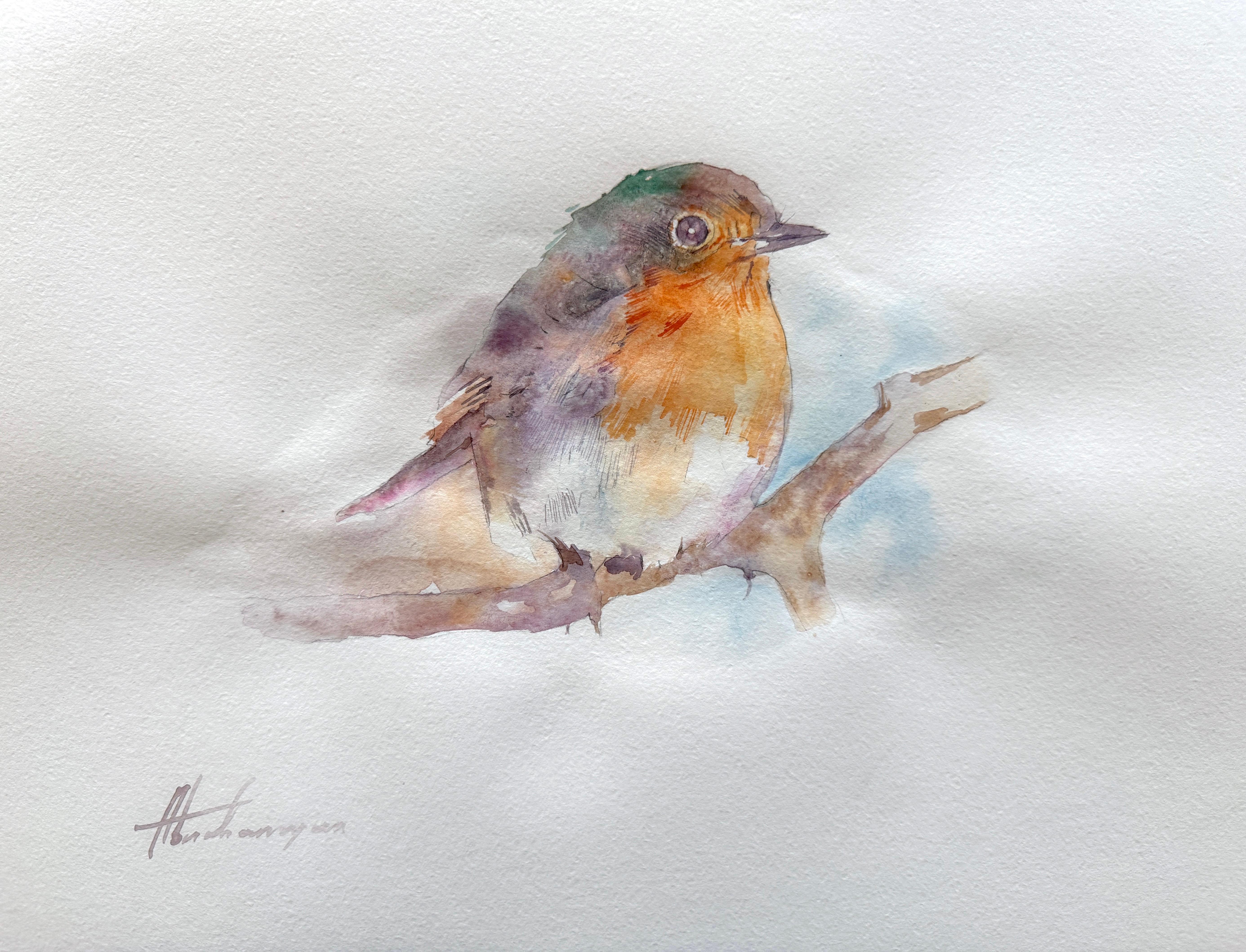 Robin Bird Watercolor on Paper Handmade Painting, One of a Kind