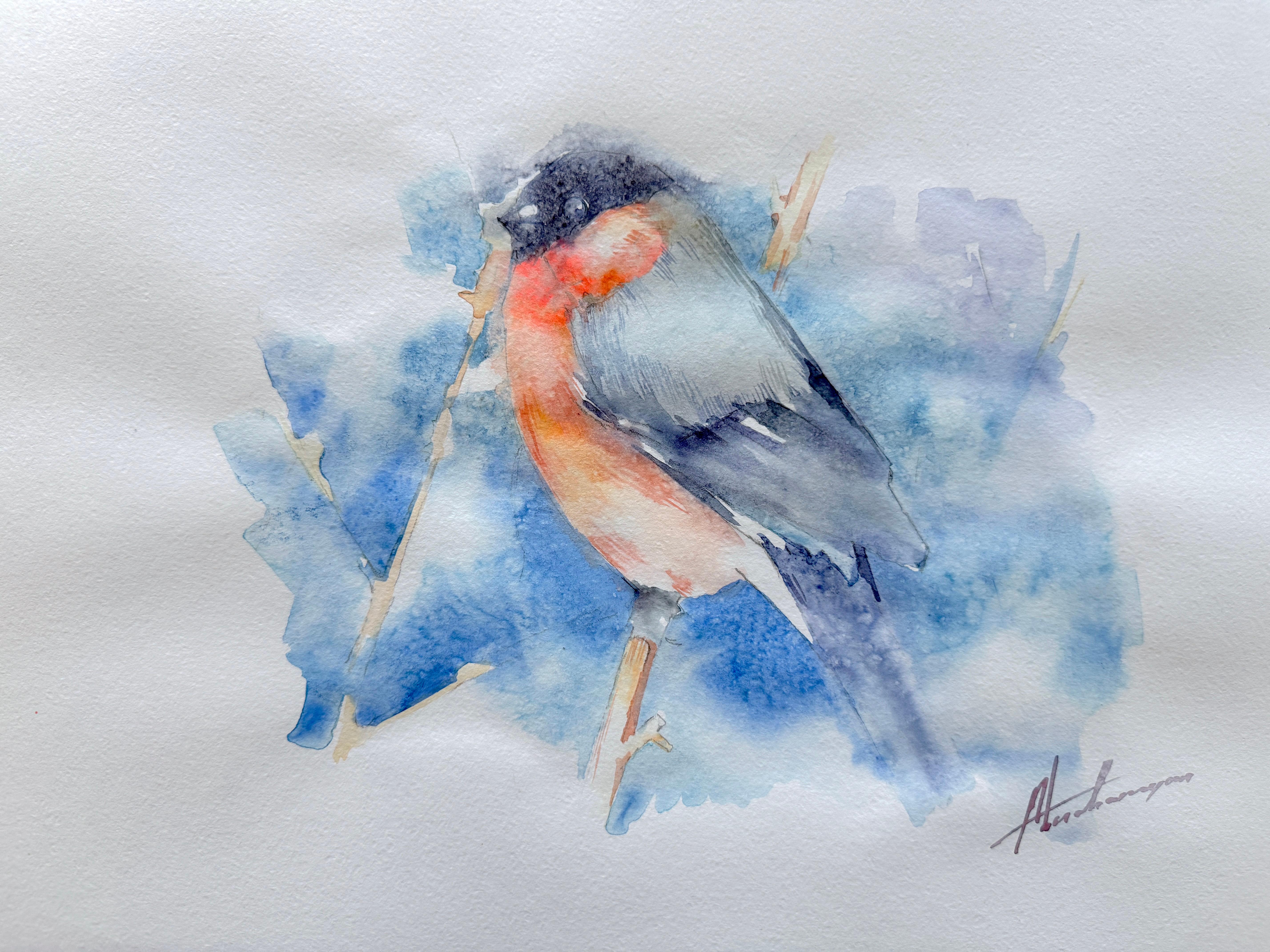Bullfinch Bird Watercolor on Paper Handmade Painting, One of a Kind
