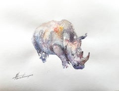 Rhinoceros Animal Watercolor on Paper Handmade Painting, One of a Kind