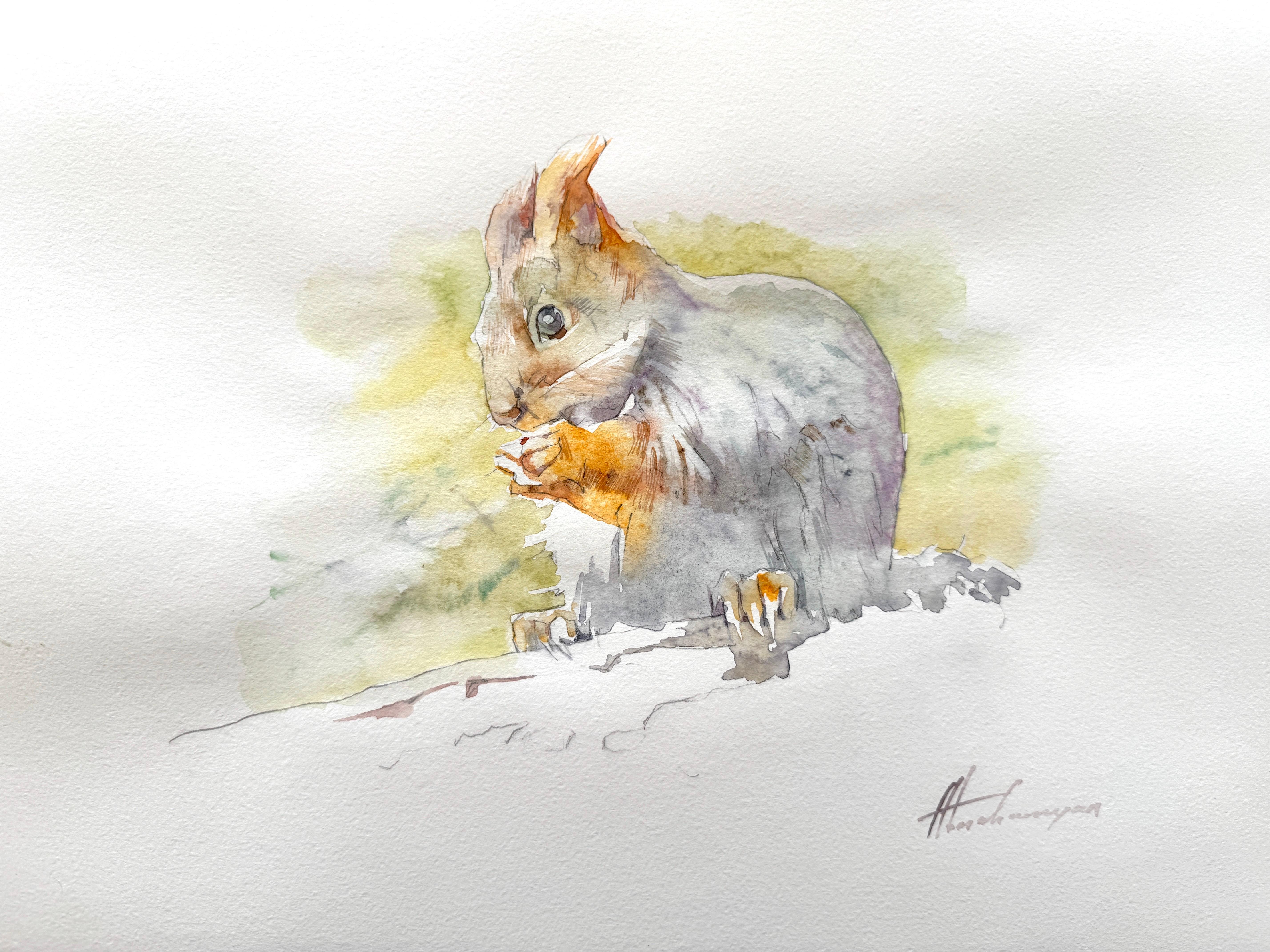 Artyom Abrahamyan Animal Art - Squirrel Animal Watercolor on Paper Handmade Painting, One of a Kind