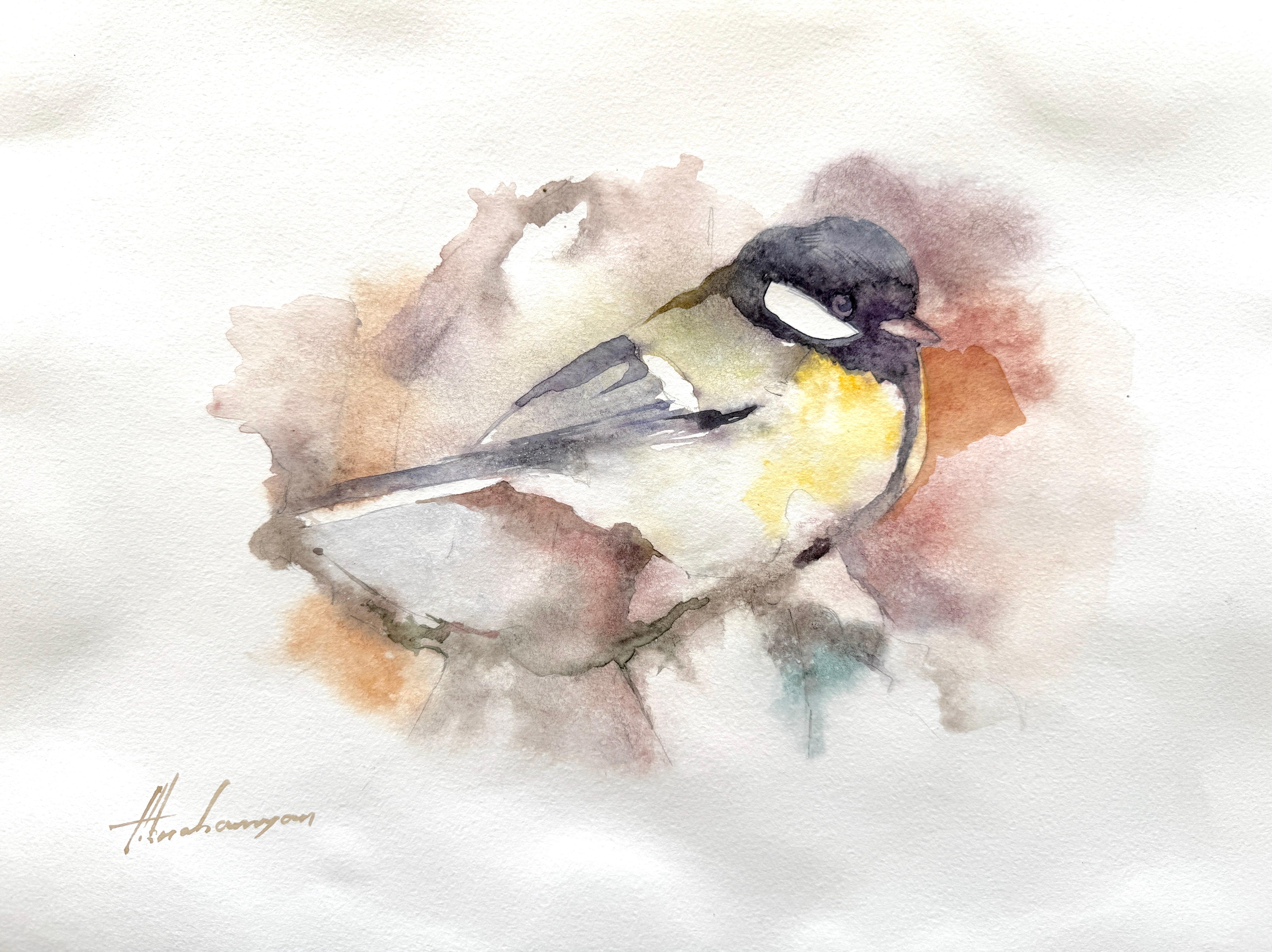 Chickadee Bird Watercolor on Paper Handmade Painting, One of a Kind