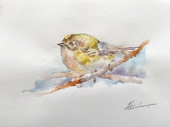 Golden Crowned Kinglet Bird Watercolor on Paper Handmade Painting, One of a Kind