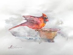 Cardinal Bird Watercolor on Paper Handmade Painting, One of a Kind