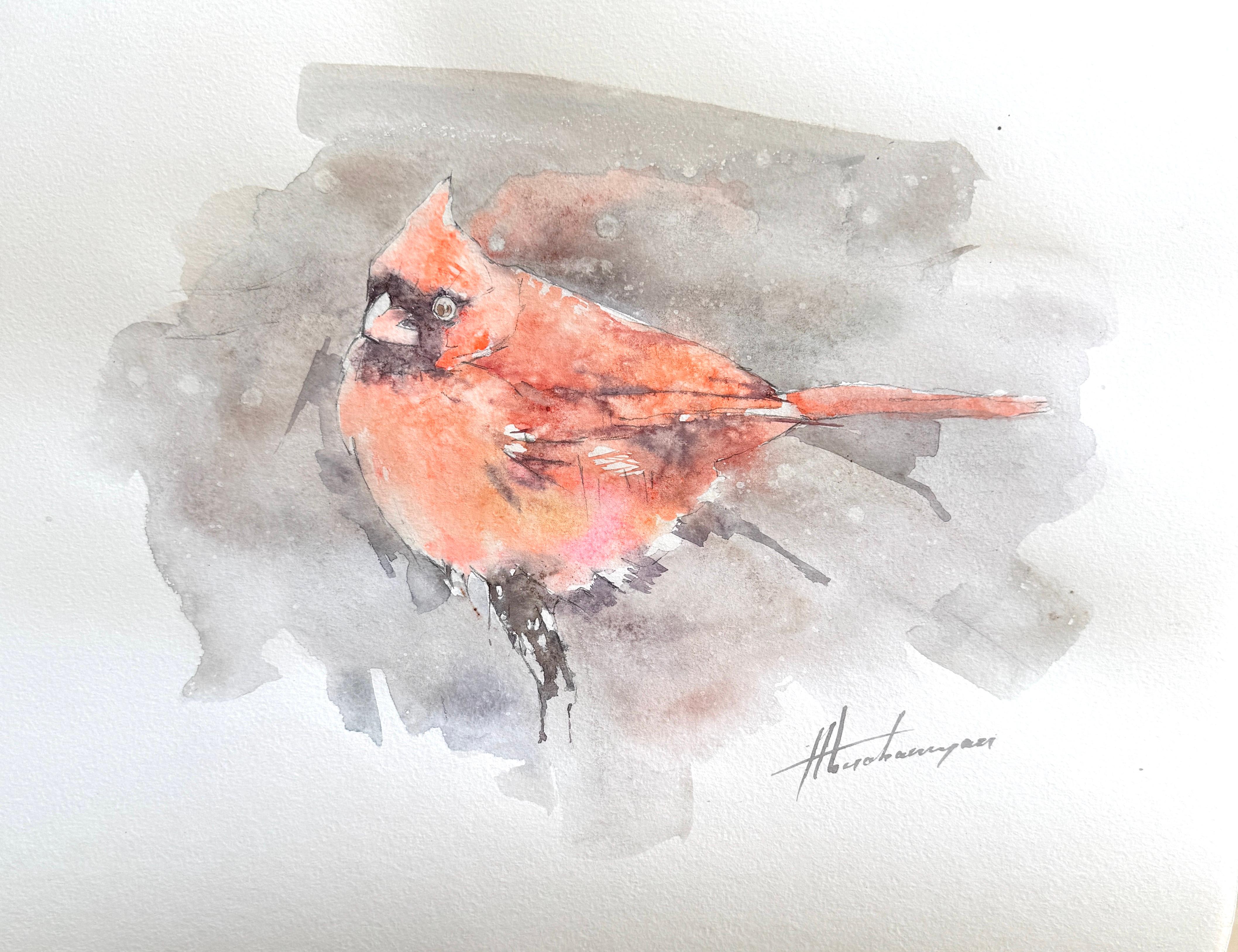 Aquarelle sur papier - Peinture faite à la main - Oiseau Cardinal, unique en son genre