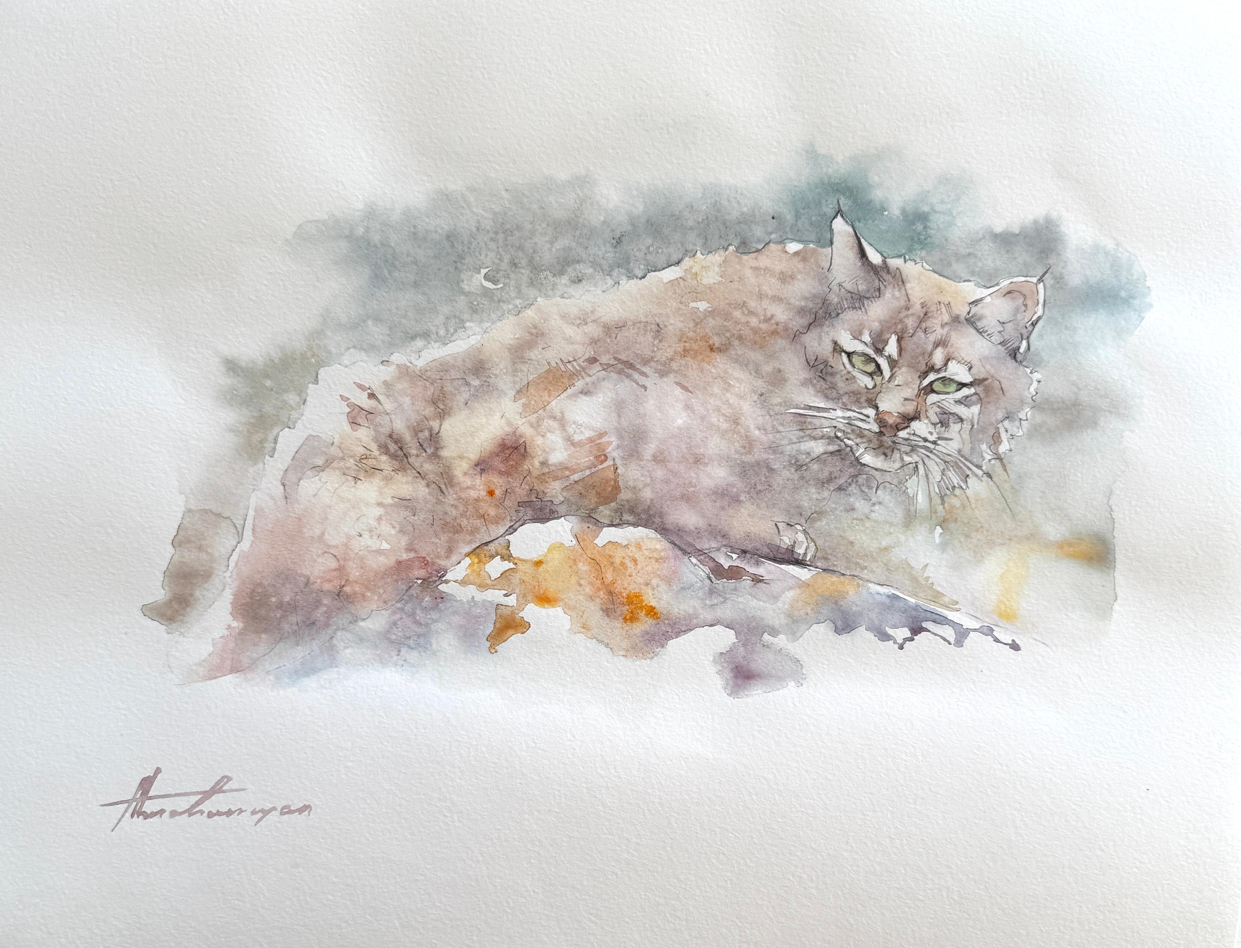 Artyom Abrahamyan Animal Art - Wild Cat Animal Watercolor on Paper Handmade Painting, One of a Kind