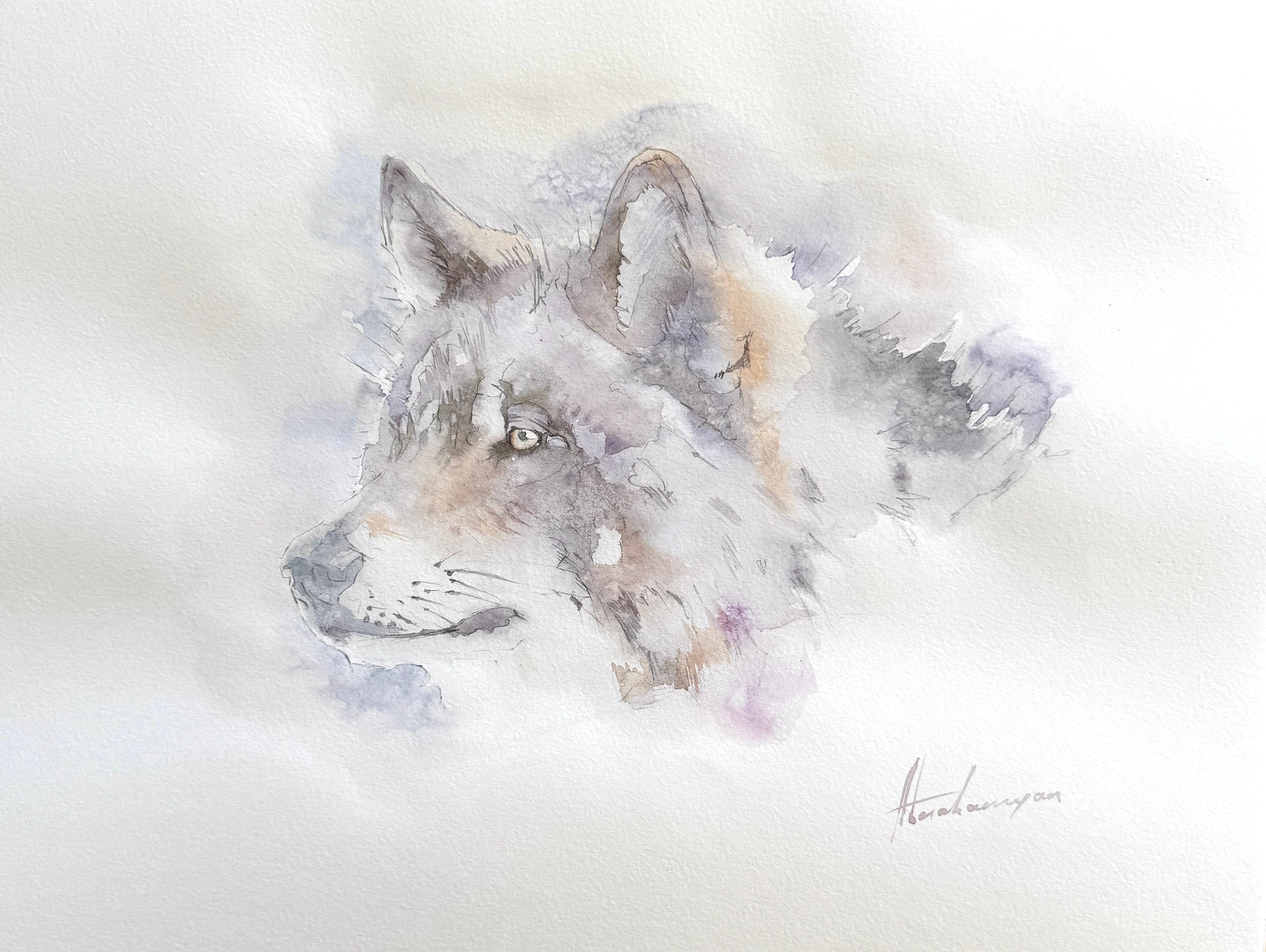 Wolf Portrait Animal Watercolor on Paper Handmade Painting, One of a Kind