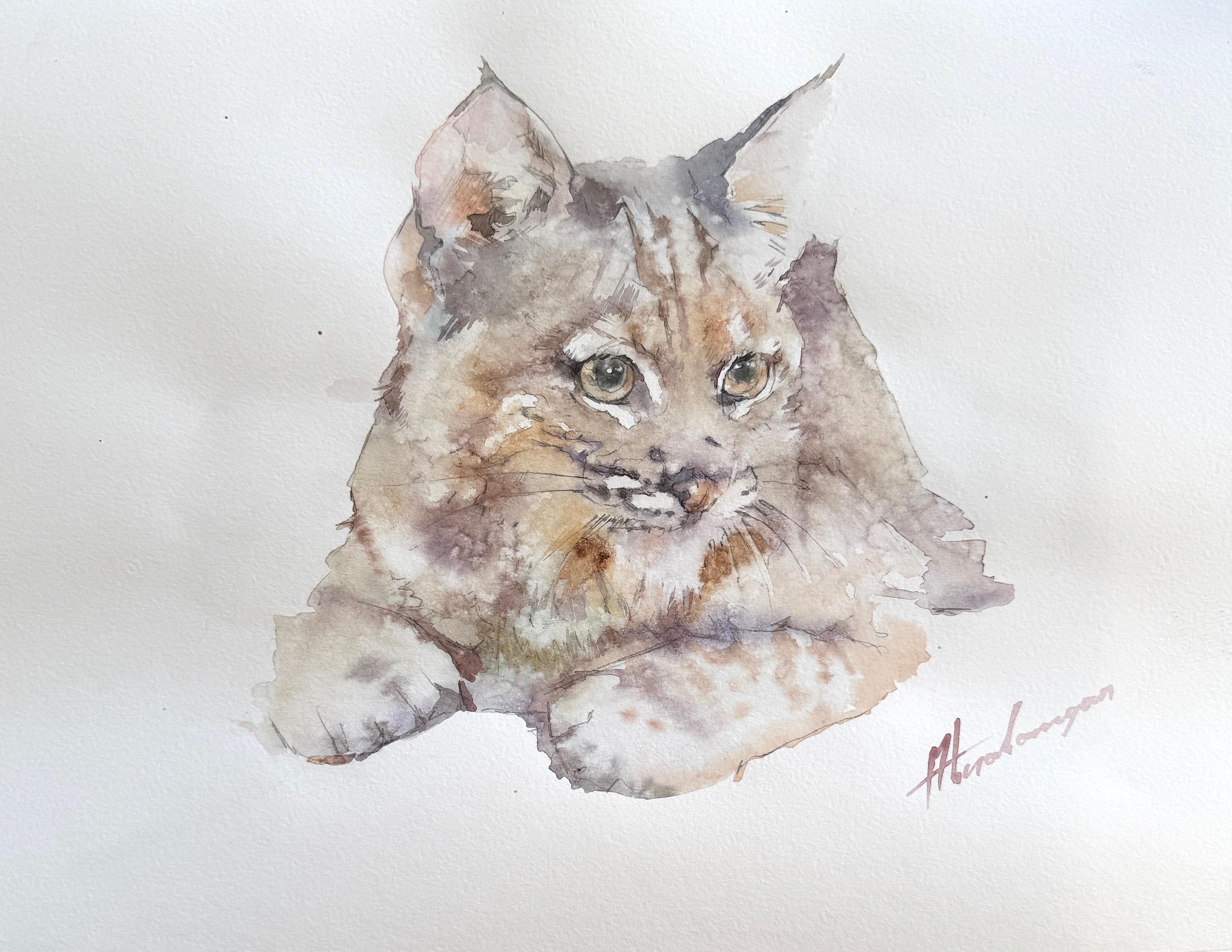 Baby Puma Animal Watercolor on Paper Handmade Painting, One of a Kind