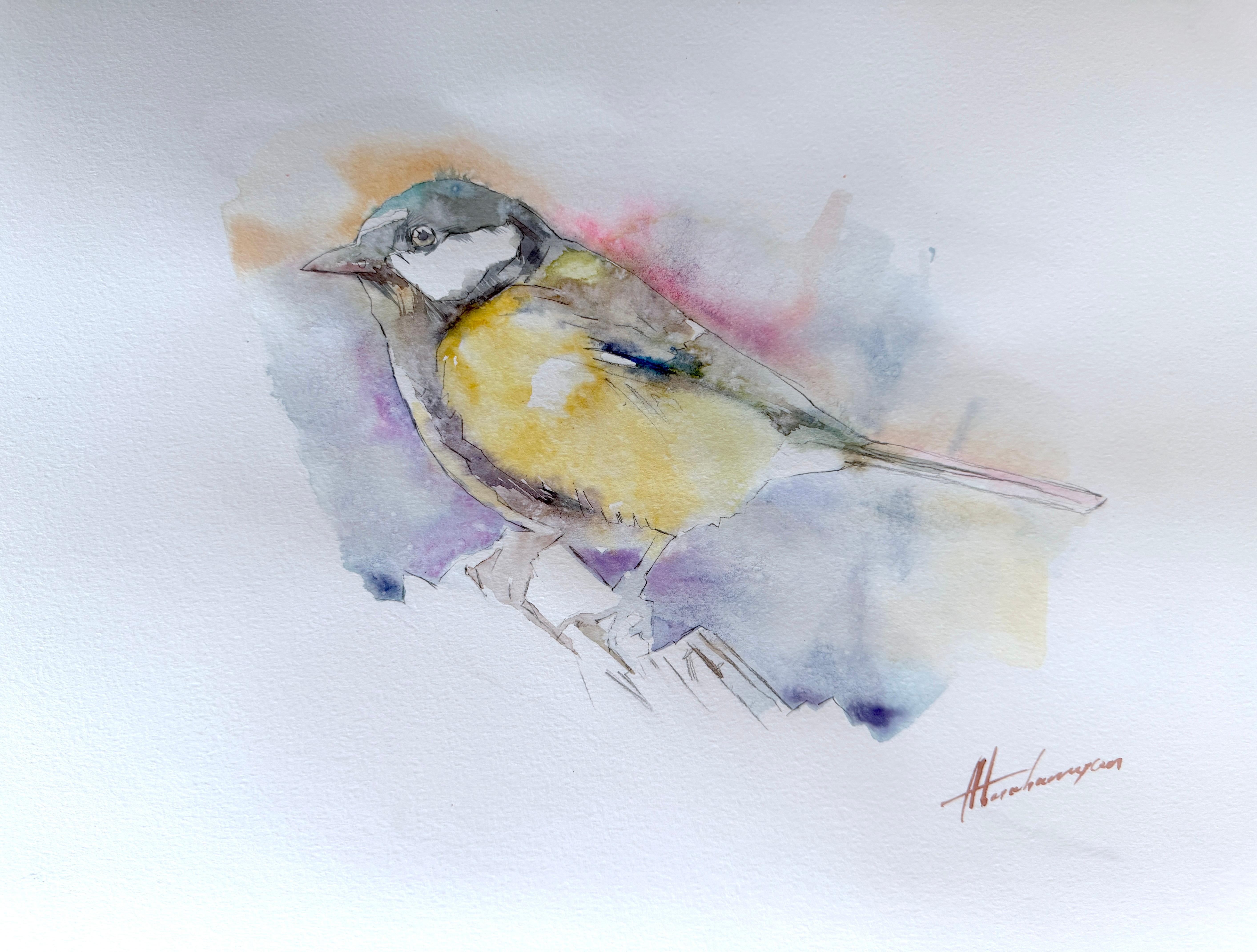 Great Tit Bird Watercolor on Paper Handmade Painting, One of a Kind