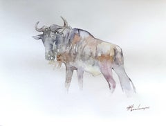 Pintura artesanal de un ñu en acuarela sobre papel, obra única