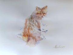 Peinture à l'aquarelle représentant un chat orange, réalisée à la main sur papier, pièce unique