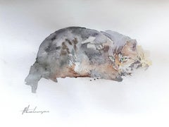 Peinture à l'aquarelle représentant un chat orange, réalisée à la main sur papier, pièce unique