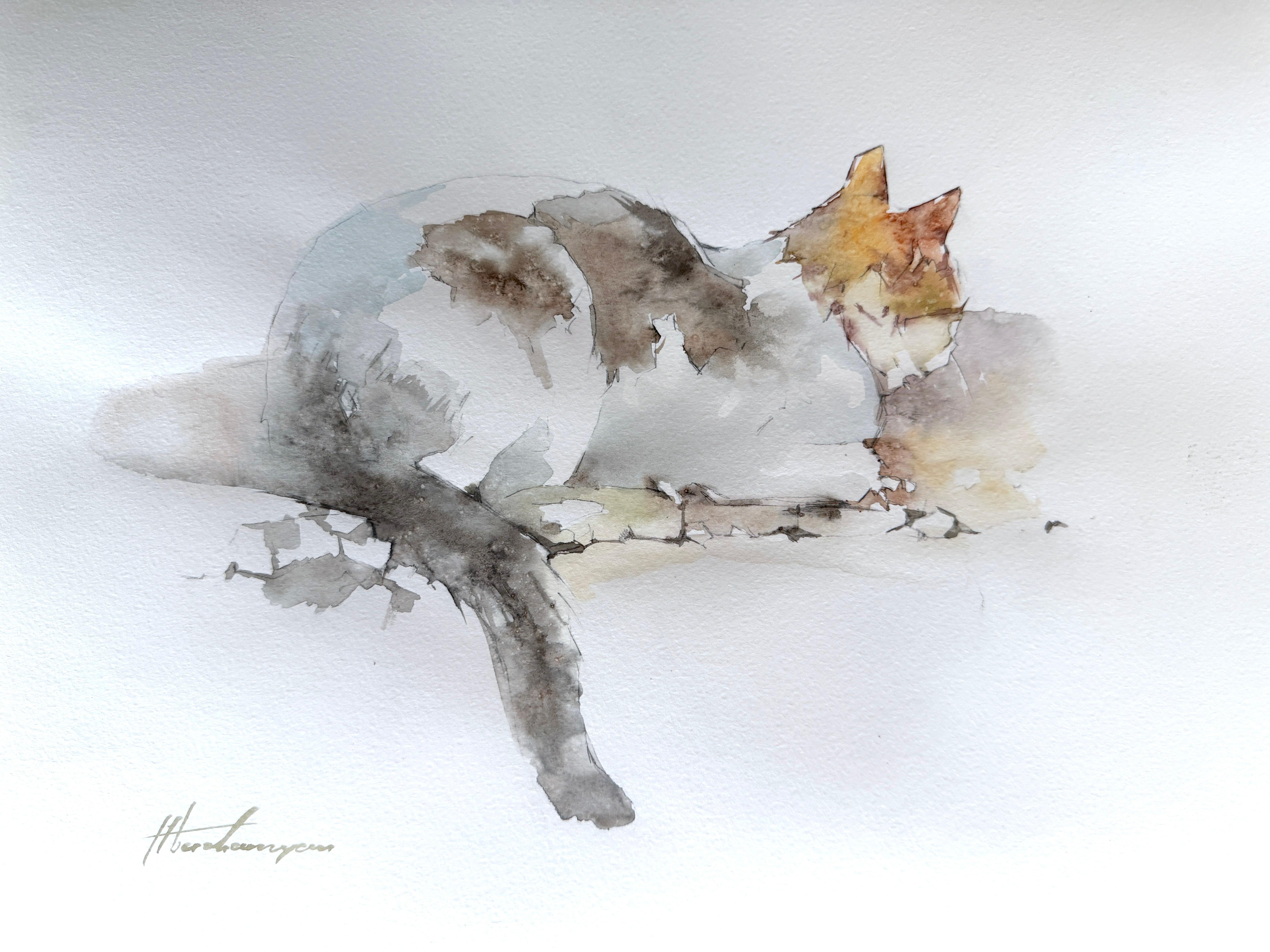 Artyom Abrahamyan Animal Art - SiHing Cat Animal Watercolor on Paper Handmade Painting, One of a Kind