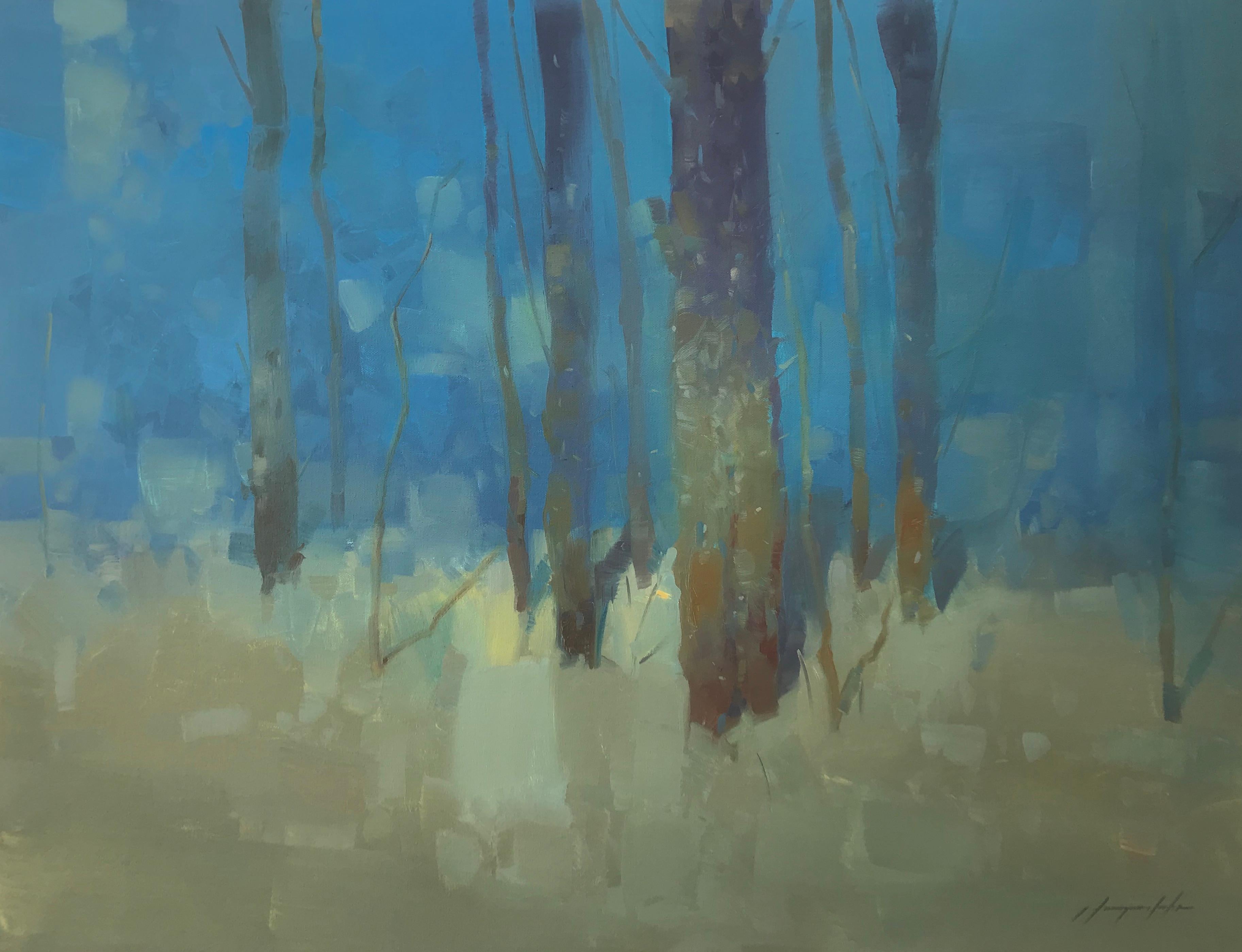 Landscape Painting di Vahe Yeremyan - Alberi in turchese, pittura ad olio di paesaggio, pezzo unico