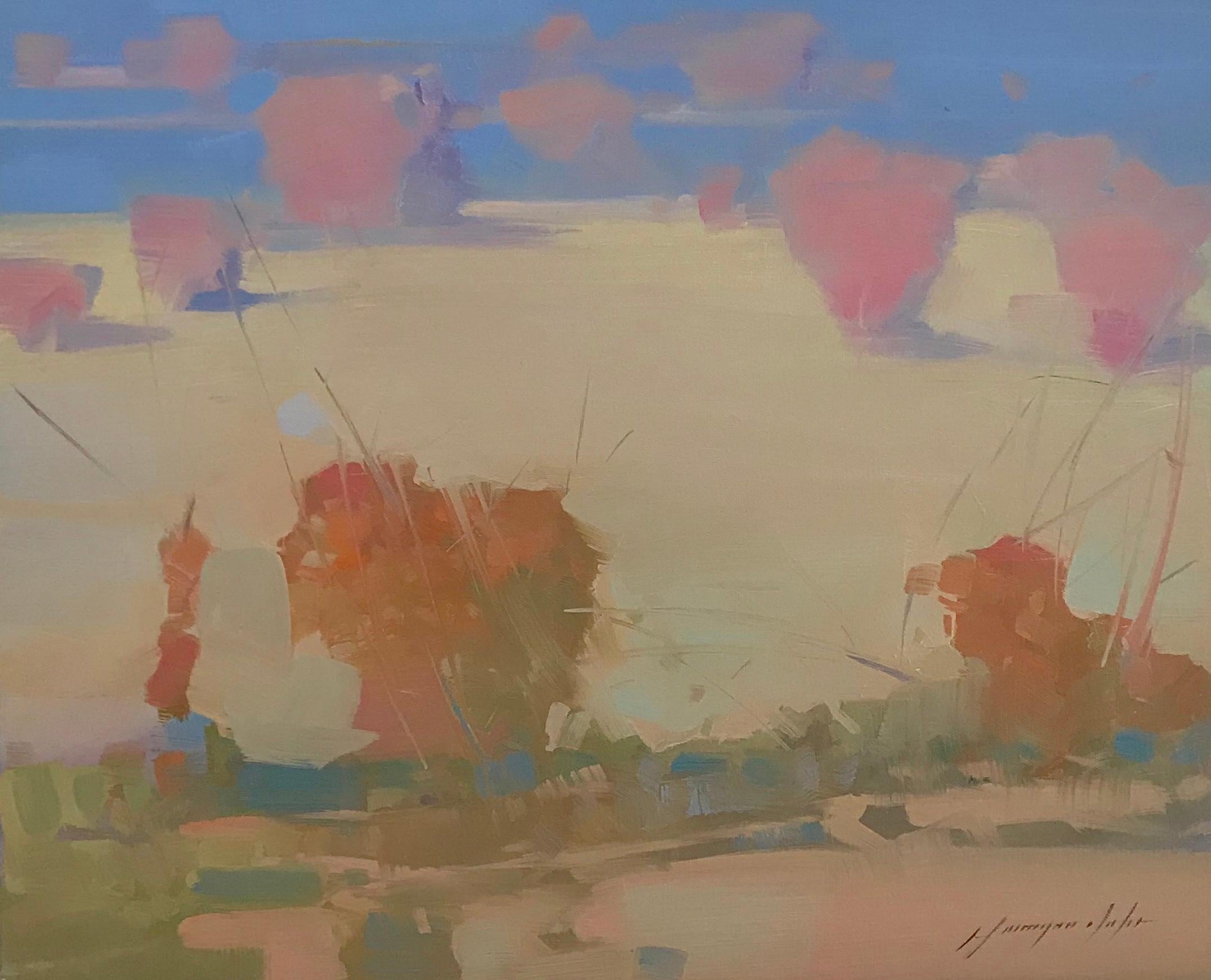Landscape Painting di Vahe Yeremyan - Deserto mattutino, paesaggio dipinto a olio, pronto da appendere