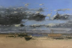 Le port après la pluie, peinture à l'huile de paysage marin, unique en son genre