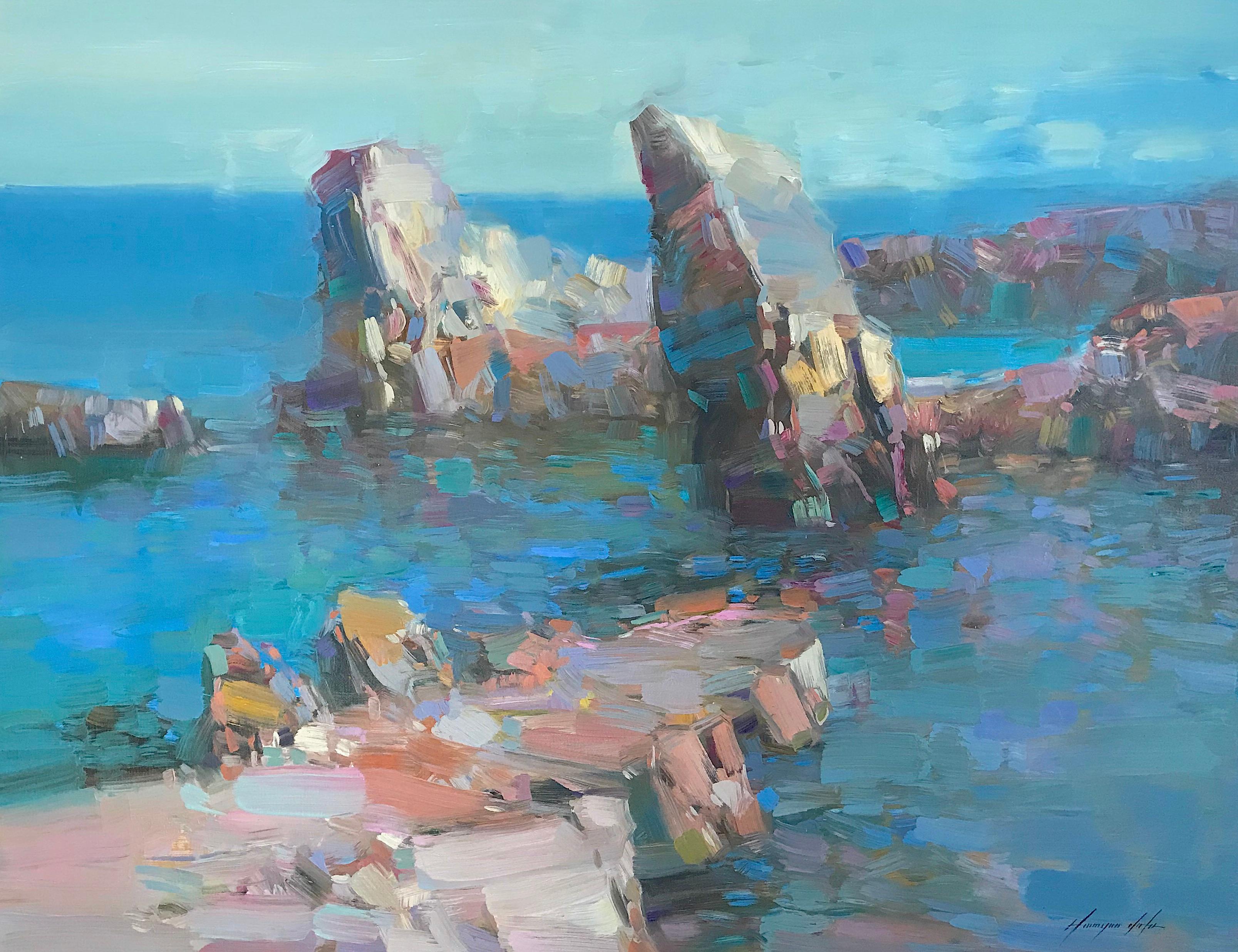 Landscape Painting di Vahe Yeremyan - Scogliere, paesaggio marino Quadro ad olio originale, unico nel suo genere, pronto da appendere