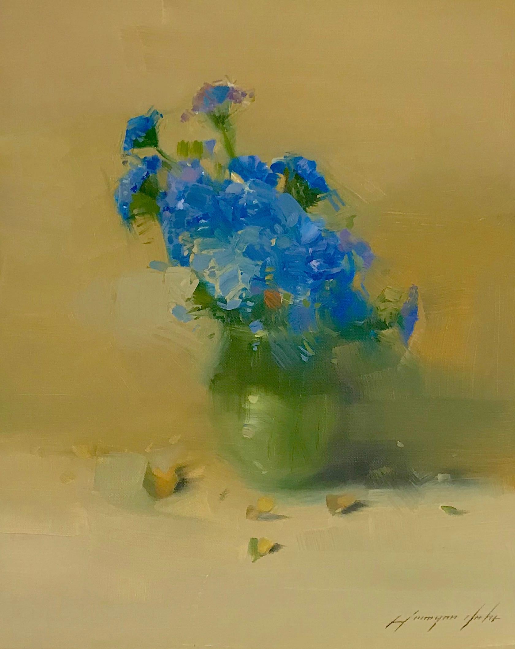 Vahe Yeremyan Still-Life Painting - Blue Flowers, Still life, Framed, Original oil painting