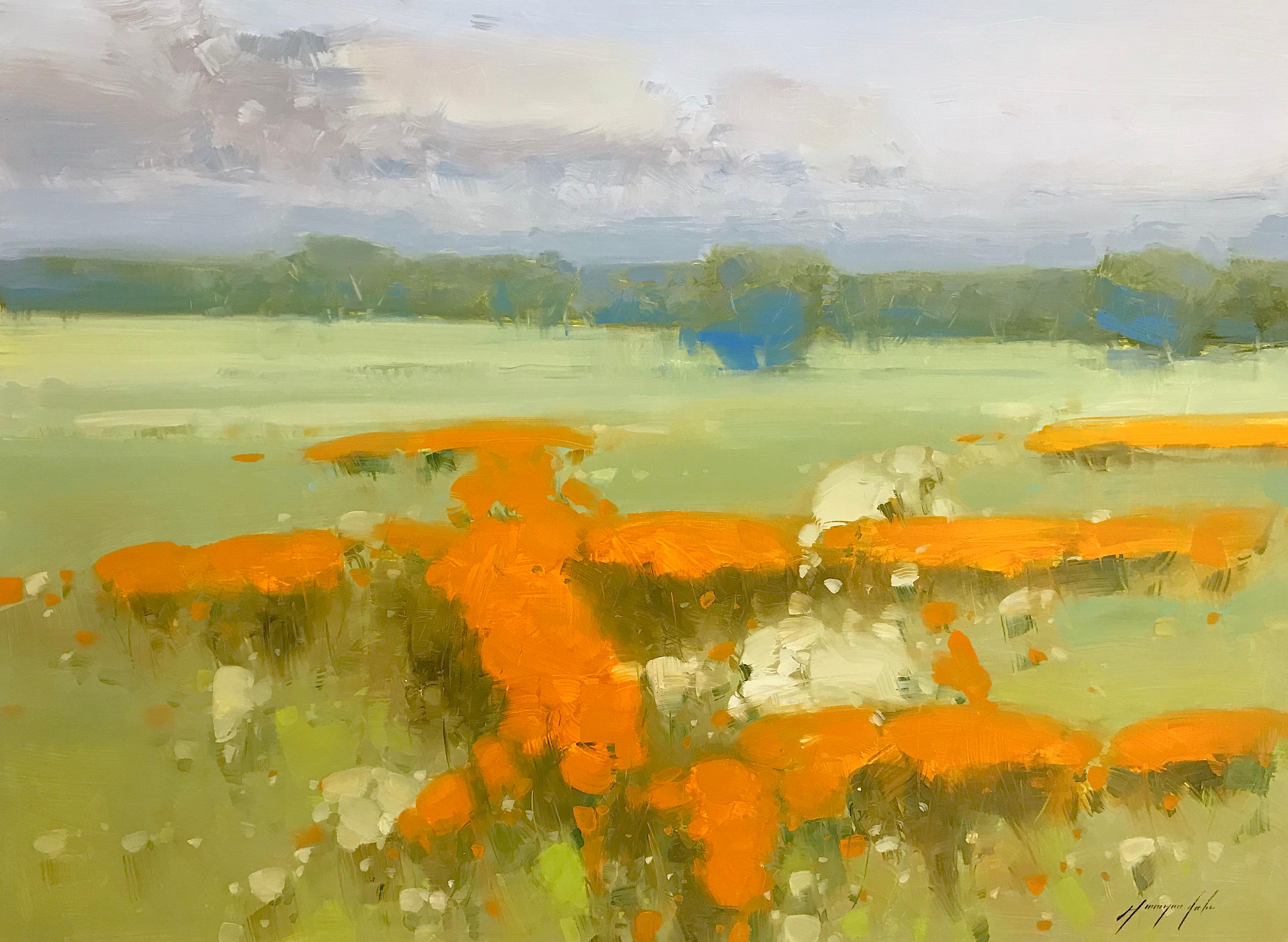 Vahe Yeremyan Landscape Painting – Gelbe Blumen, Landschaft, Ölgemälde, Impressionismus