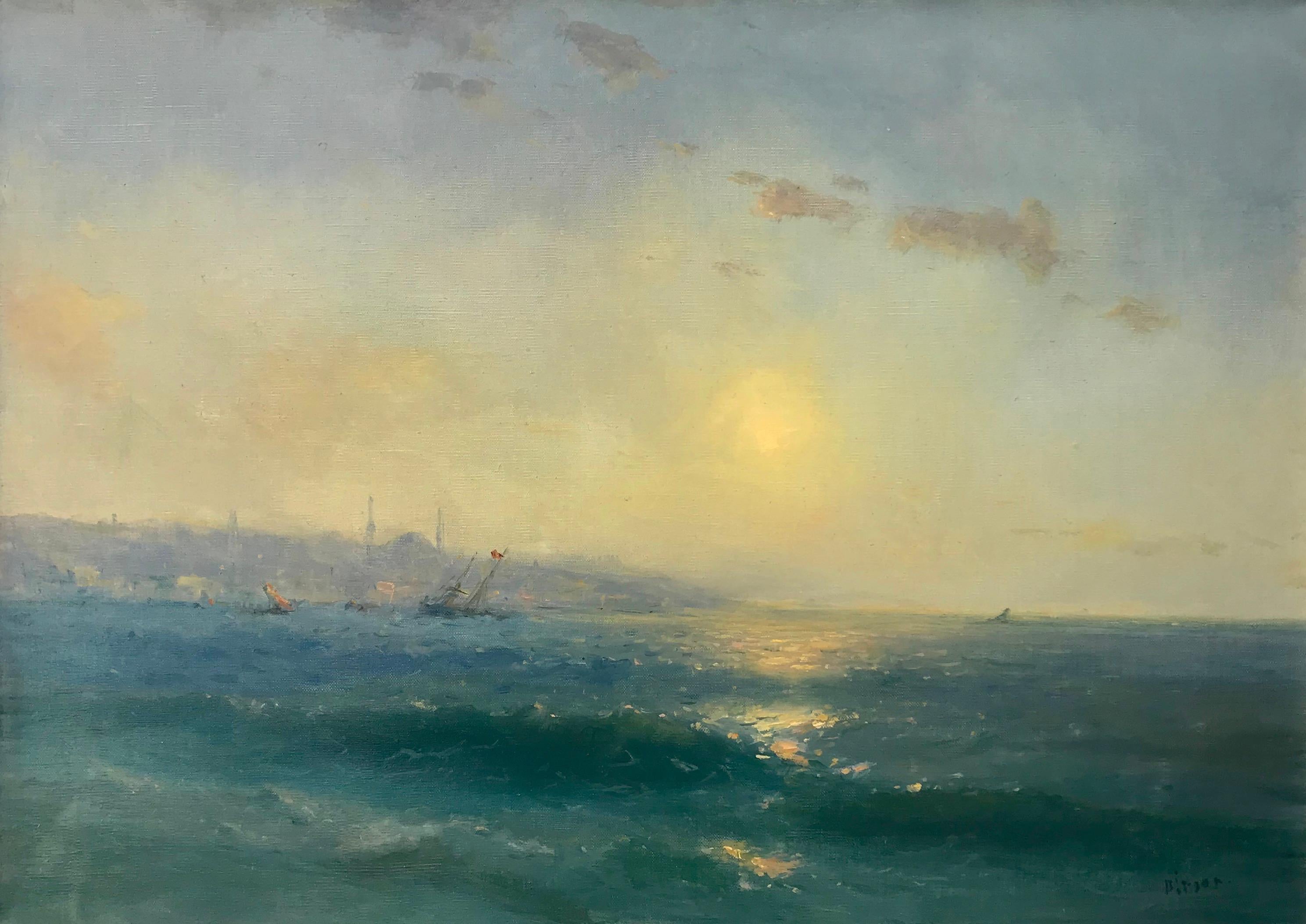Karen Darbinyan Landscape Painting - Sunset, seascape oil painting, one of a kind, framed