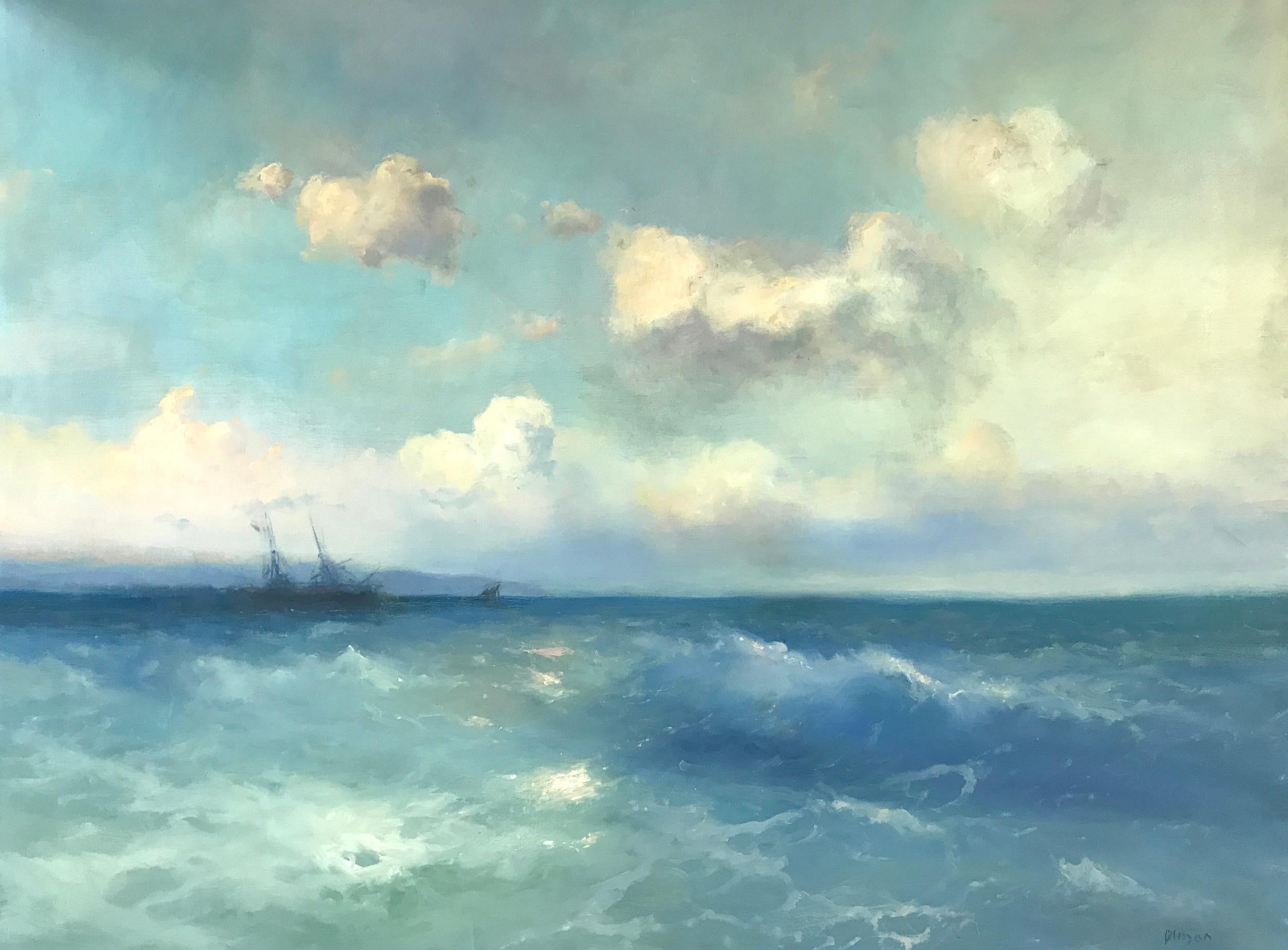 Landscape Painting di Karen Darbinyan - Onde nell'oceano, pittura ad olio con paesaggio marino, pronta da appendere