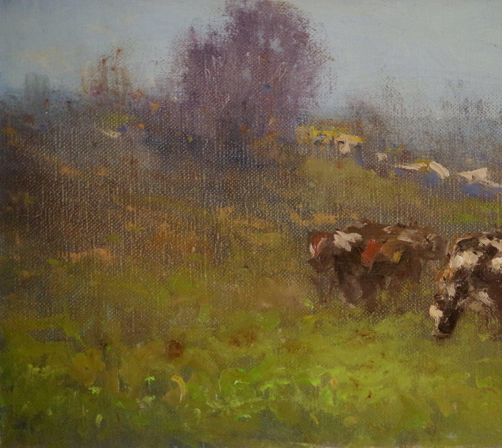 Cows in the Meadow - Brown Landscape Painting by Karen Darbinyan