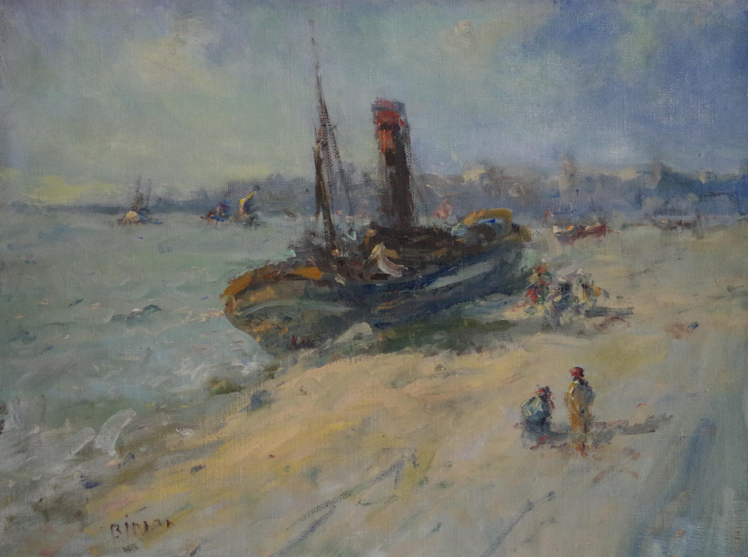 Landscape Painting di Karen Darbinyan - Porto, paesaggio marino Impressionismo Pittura ad olio originale, pronta da appendere, incorniciata