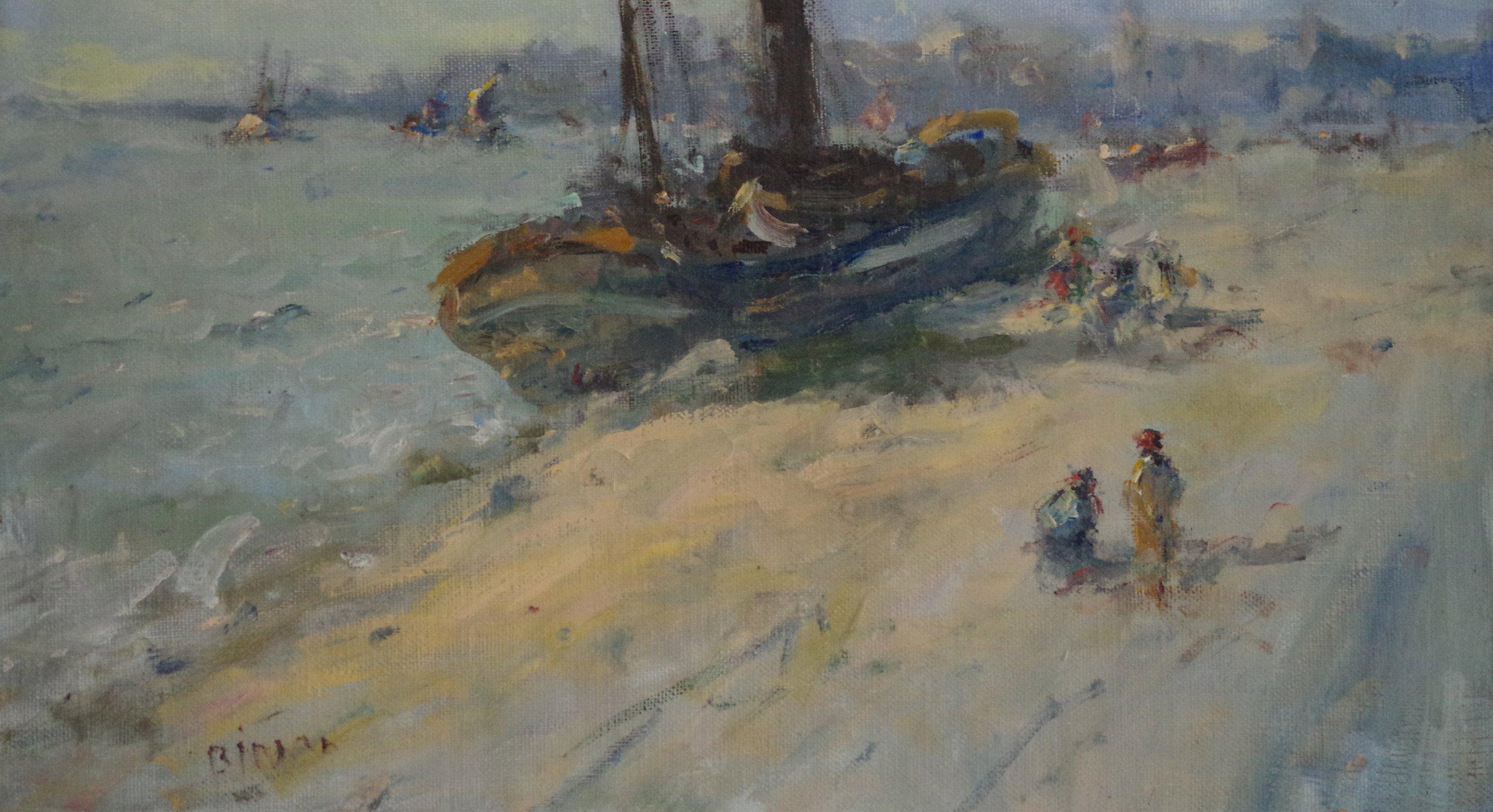 Porto, paesaggio marino Impressionismo Pittura ad olio originale, pronta da appendere, incorniciata - Painting di Karen Darbinyan