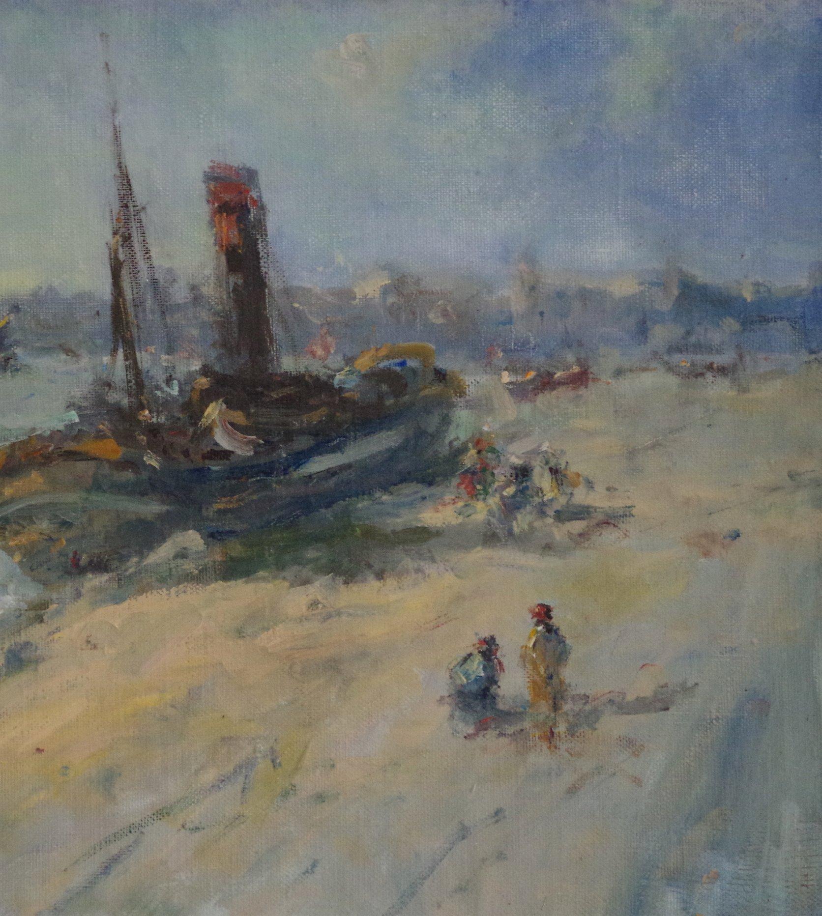 Porto, paesaggio marino Impressionismo Pittura ad olio originale, pronta da appendere, incorniciata - Landscape Painting Grigio di Karen Darbinyan
